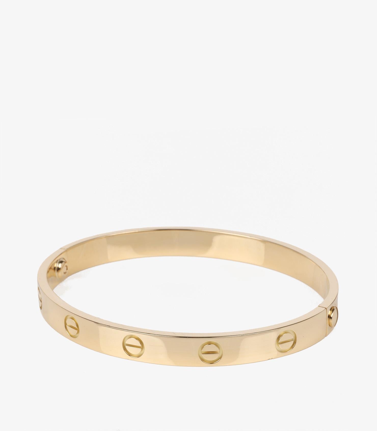 Cartier 18ct Yellow Gold Love Bangle

Product Details
Xupes Ref: J1393
Brand: Cartier
Model: Love Bangle
Type: Bracelet
Serial Number: D*****
Accompanied By: Cartier Pouch, Service Papers, Screwdriver
Material(s): 18ct Yellow