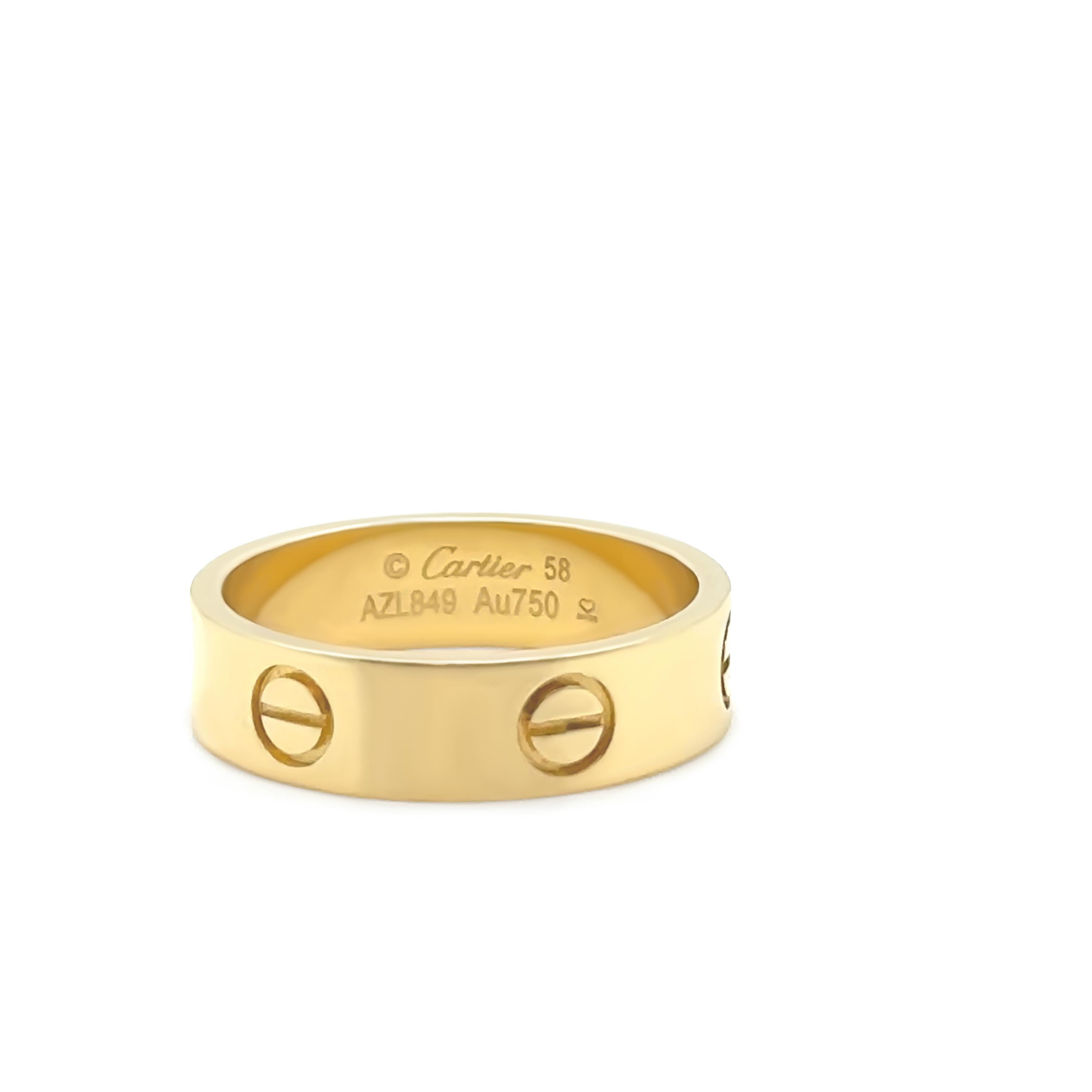 This iconic Cartier Love Ring is crafted in 18ct yellow gold, weighing 6.55 grams. Designed with the signature screw motif, the ring embodies timeless elegance and symbolises eternal love and commitment. The ring is a size Q 1/2.

Metal: 18ct Yellow