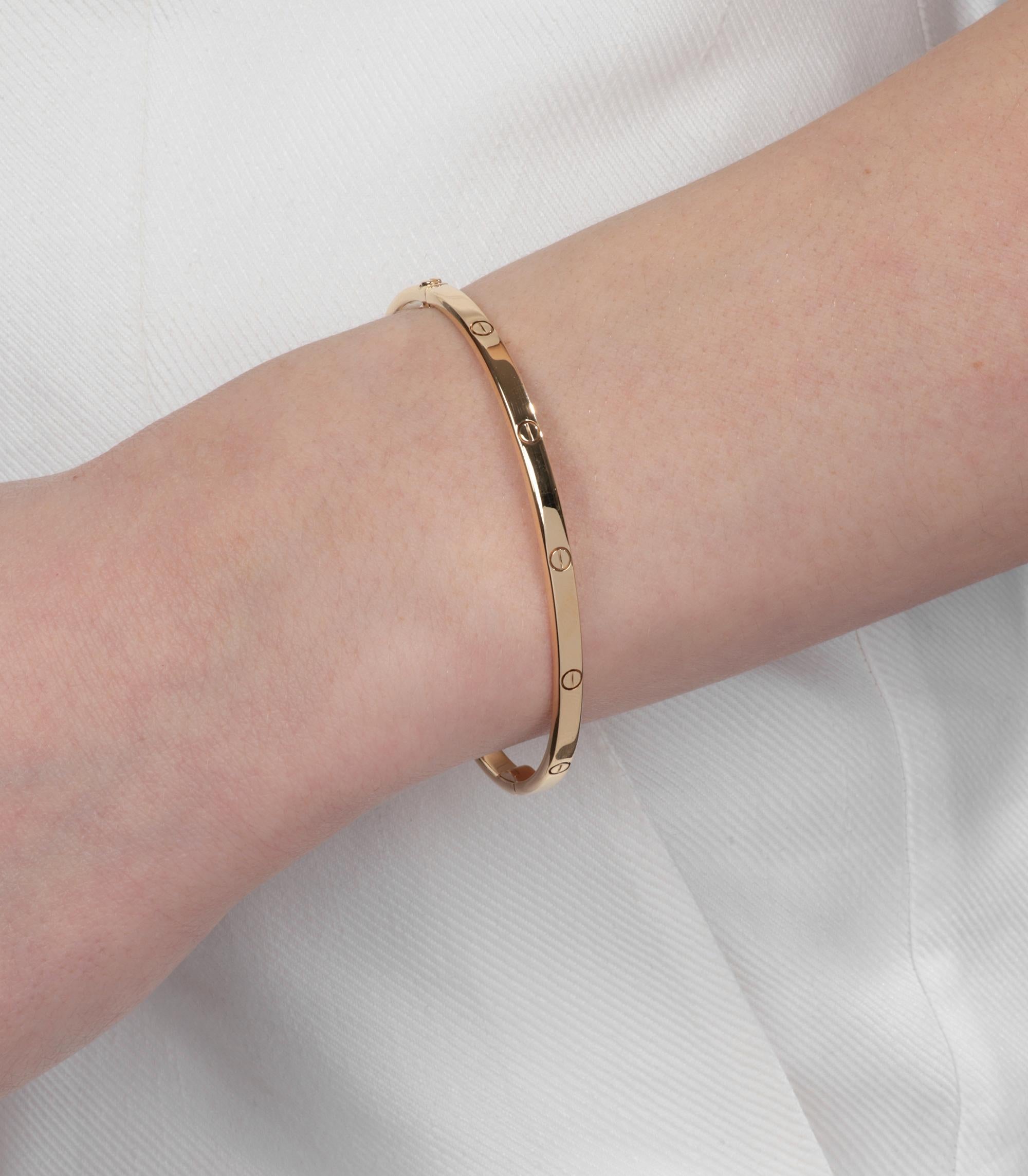 Cartier 18ct Yellow Gold Love SM Bangle

Product Details
Xupes Ref: J1432
Brand: Cartier
Model: Love SM Bangle
Type: Bracelet
Serial Number: F******
Age: 2019
RRP: £4,550
Accompanied By: Cartier Box, Certificate, Servicing Papers,