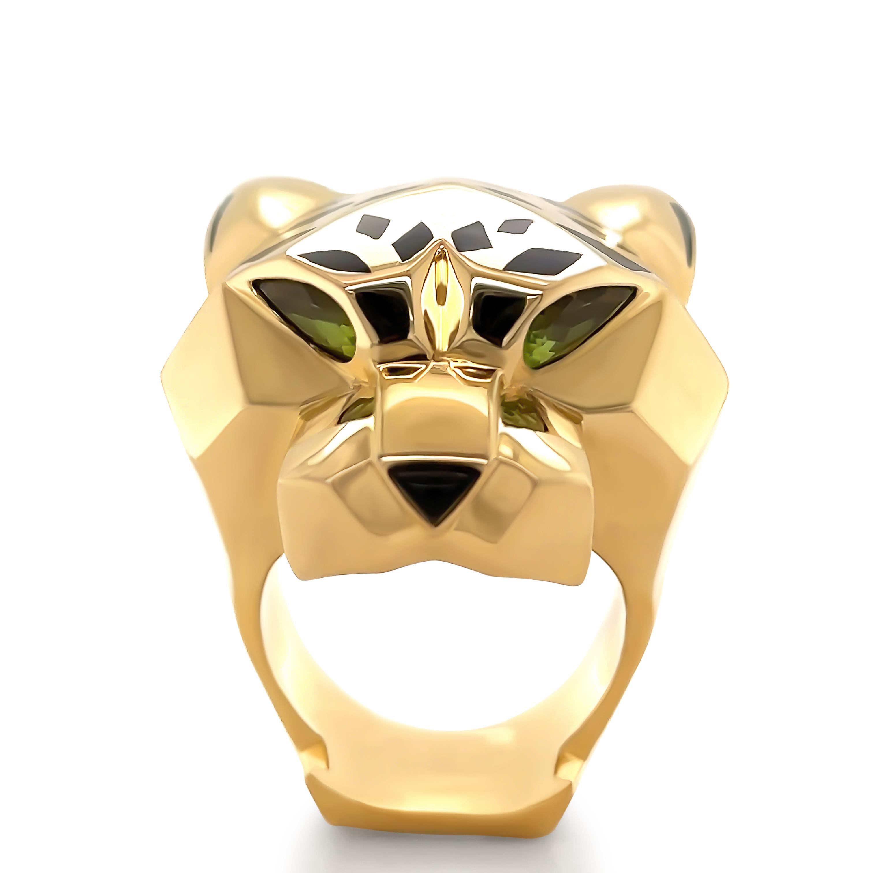A Panthere De Cartier Ring, made of 18ct Yellow Gold. Featuring pear shape cut Peridot Eyes, Black Lacquer and Onyx, 30mm across. Cartier Reference N4193100. 

Metal: 18ct Yellow Gold
Carat: N/A
Colour: N/A
Clarity:  N/A
Cut: N/A
Weight: 64.08
