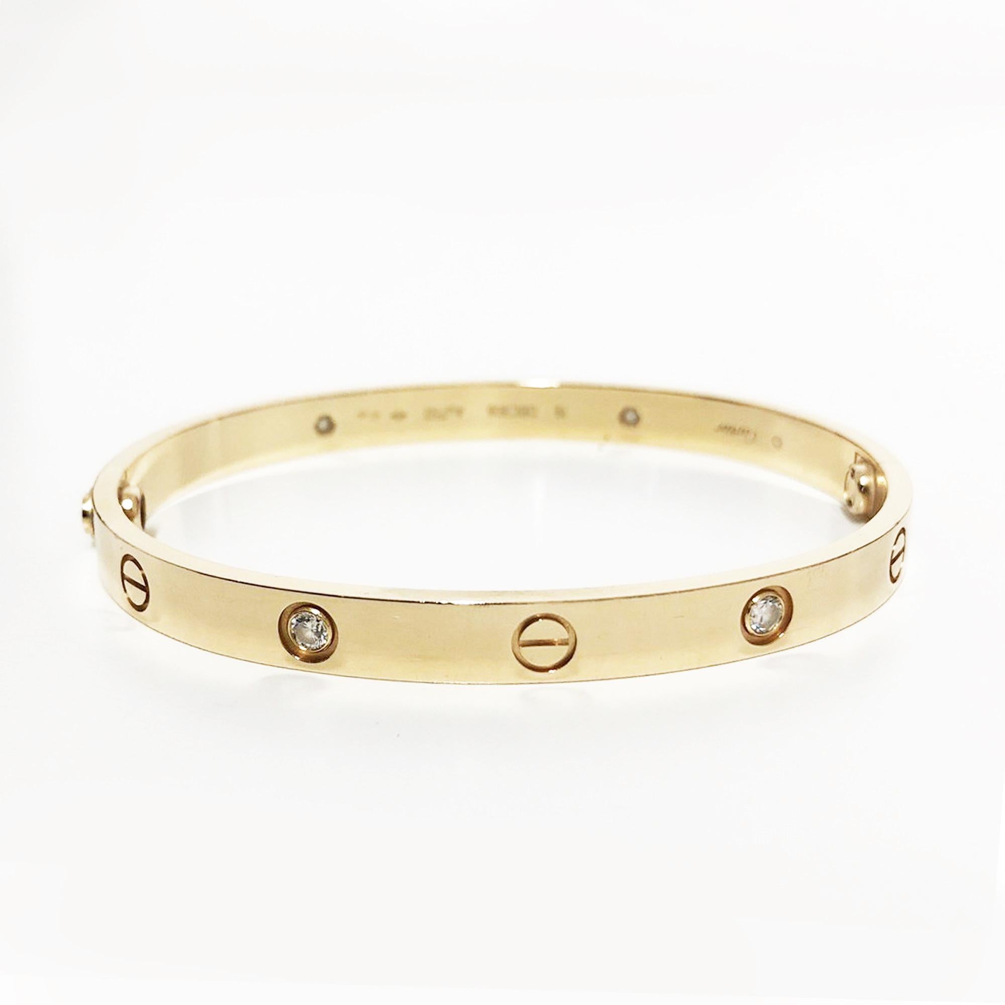 Love bracelet, 18K 4 diamonds yellow  gold. 

Size: 19
We have other size available, please feel free to ask.

A child of 1970s New York, the LOVE collection remains today an iconic symbol of love that transgresses convention. The screw motifs,
