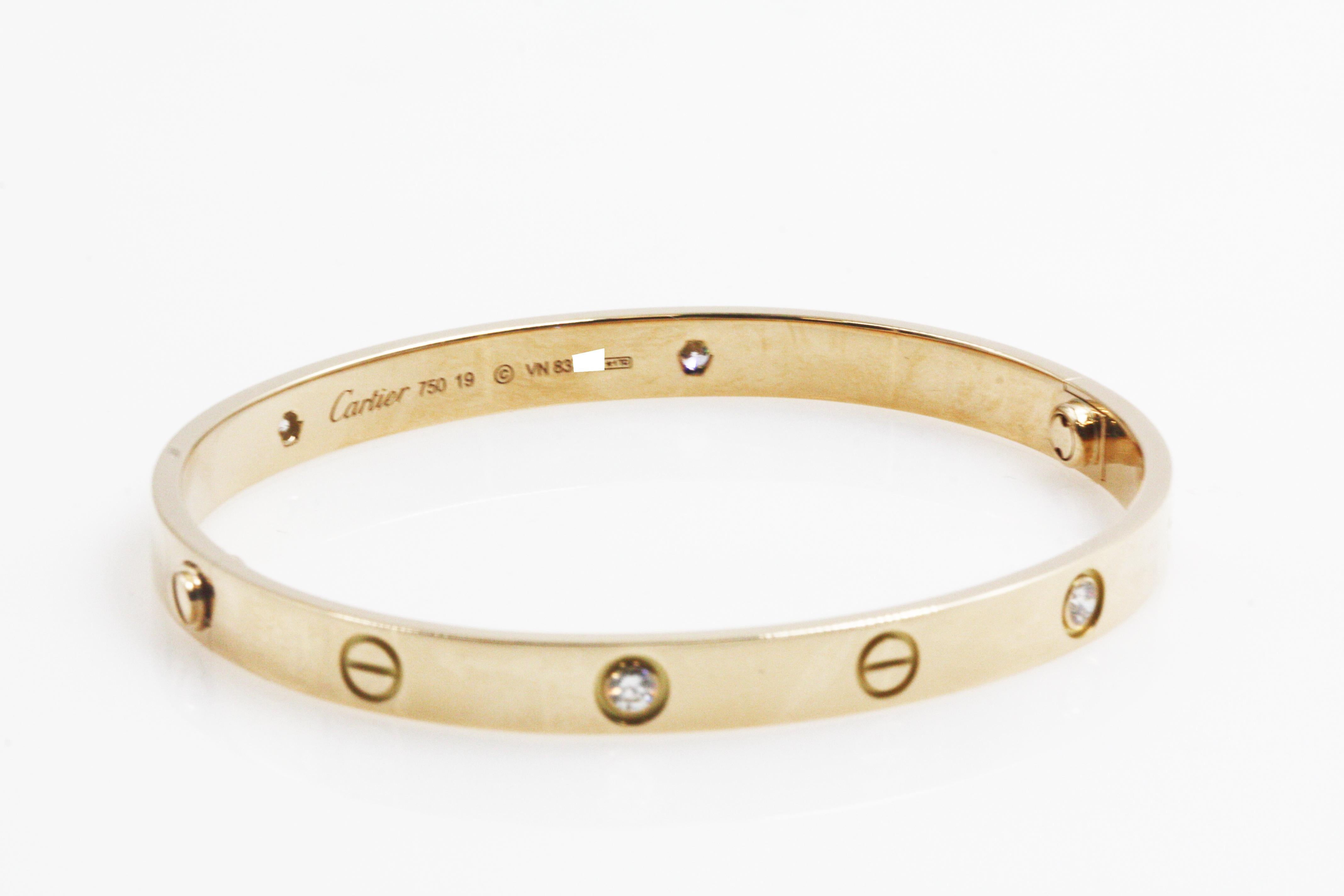 Cartier 18 Karat 4 Diamonds Yellow Gold Love Bracelet In Excellent Condition In New York, NY