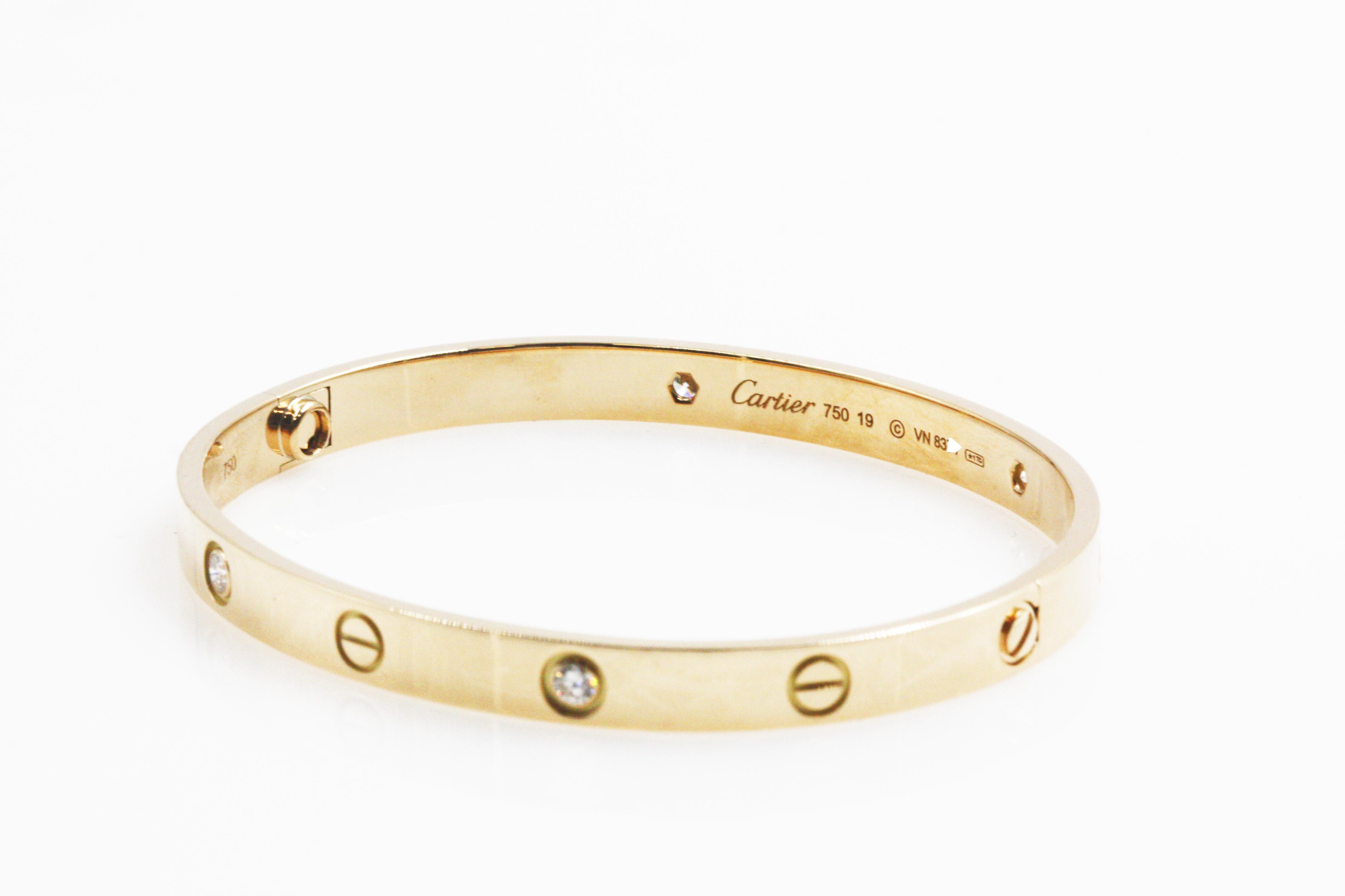 Women's or Men's Cartier 18 Karat 4 Diamonds Yellow Gold Love Bracelet