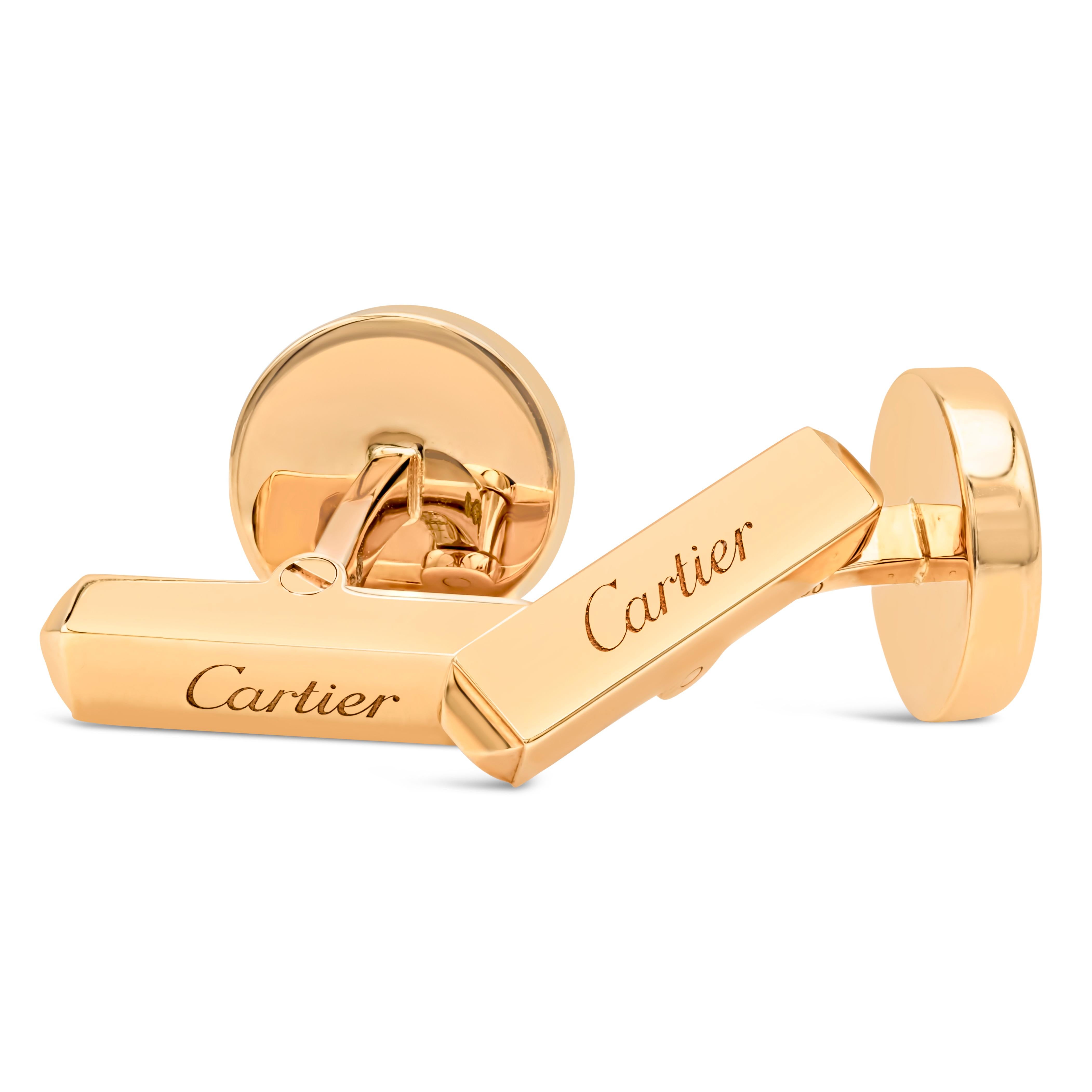 Round Cut Cartier 18K Brushed Yellow Gold Round Diamond Signed Cufflinks For Sale