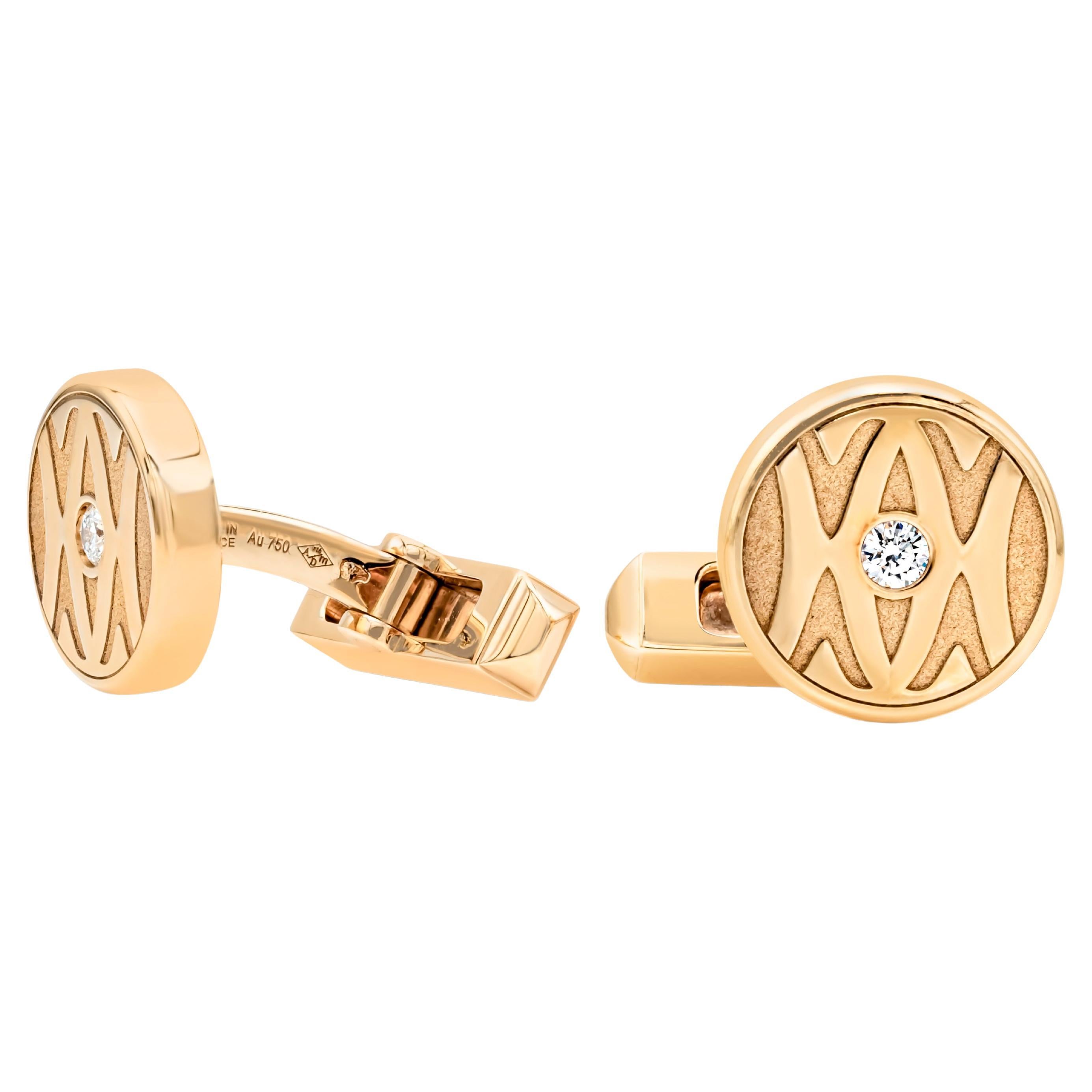 Contemporary Cartier 18K Brushed Yellow Gold Round Diamond Signed Cufflinks For Sale