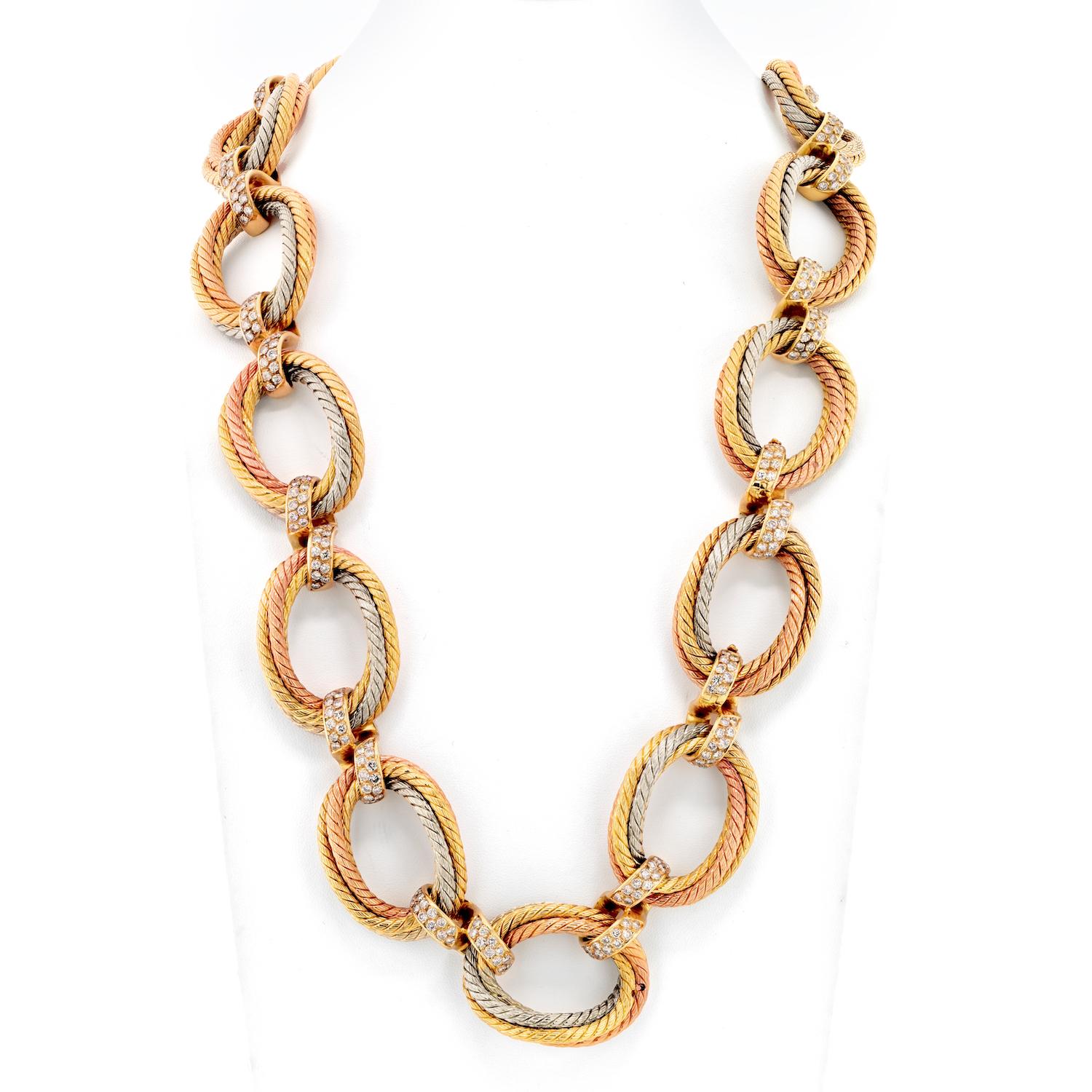 Veronique Cartier 1970s necklace in 18K Tri Color gold with large oval twist rope links all throughout. Each section is connected with diamond-encrusted links. 

This is a very special estate chain necklace by Veronique Cartier, the granddaughter of