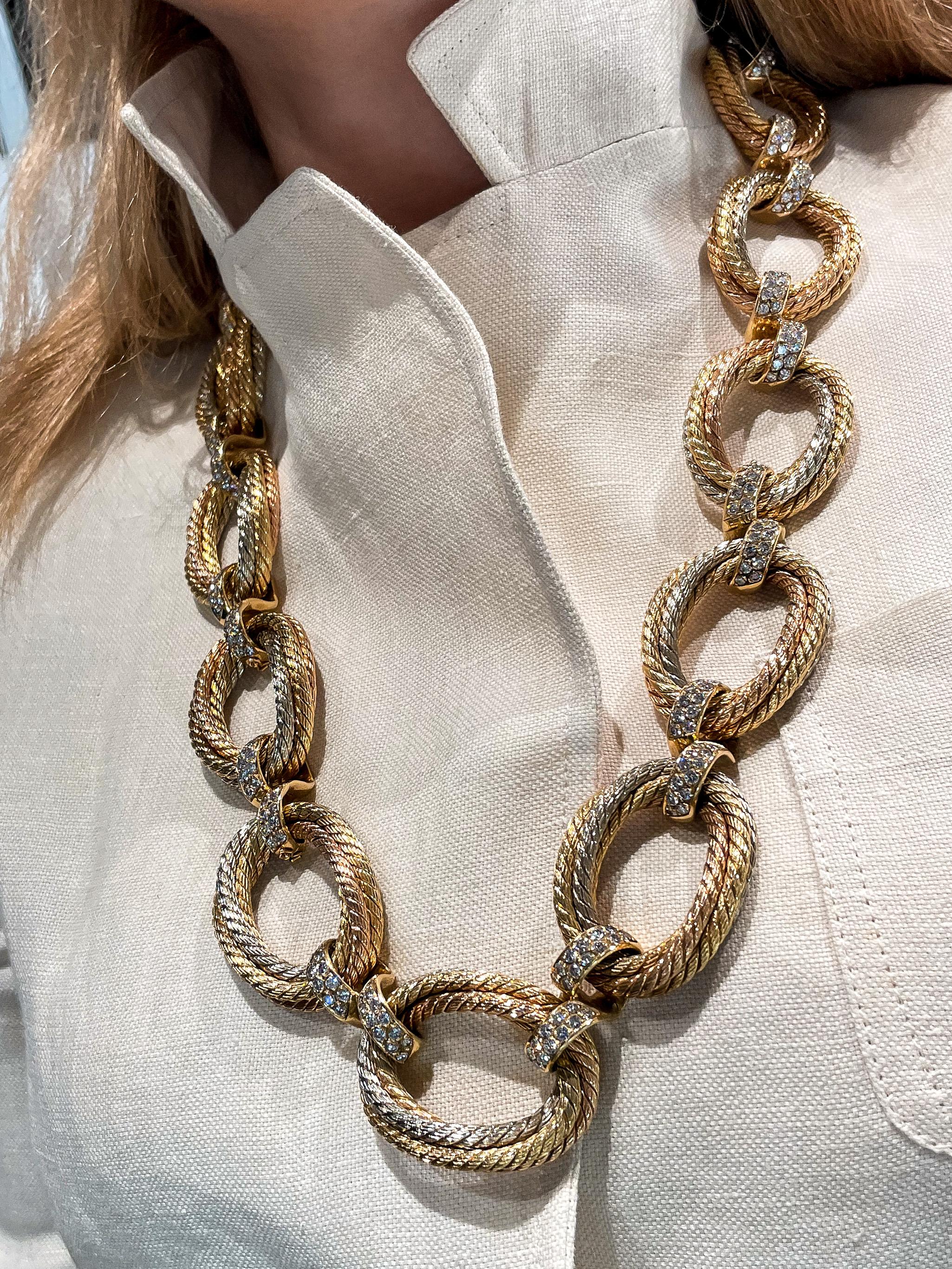 Cartier 18k Color Veronique Cartier Diamond Tricolor Large Textured Necklace In Excellent Condition In New York, NY