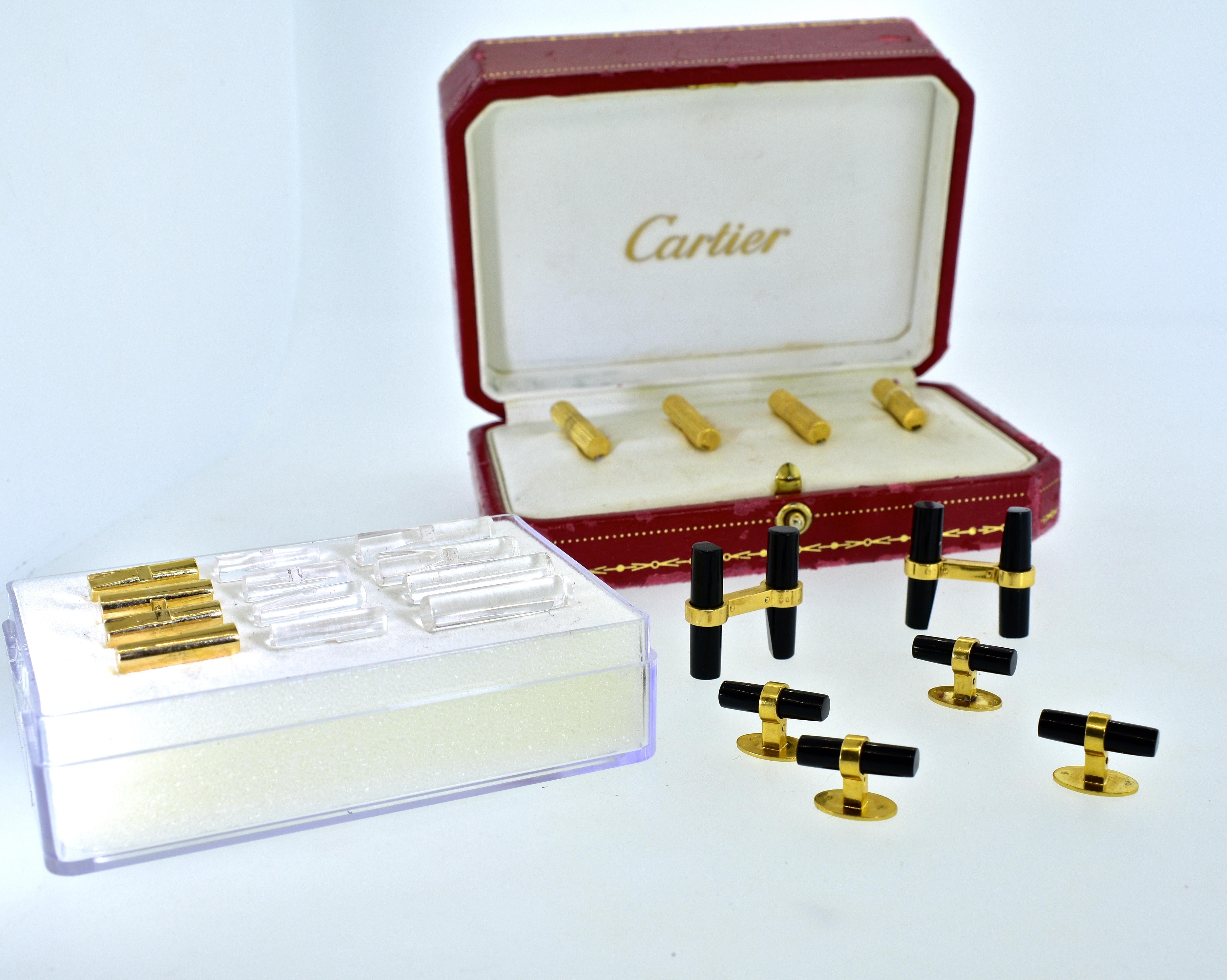 Women's or Men's Cartier 18 Karat French Dress Set in Gold, Onyx and Rock Crystal, circa 1960