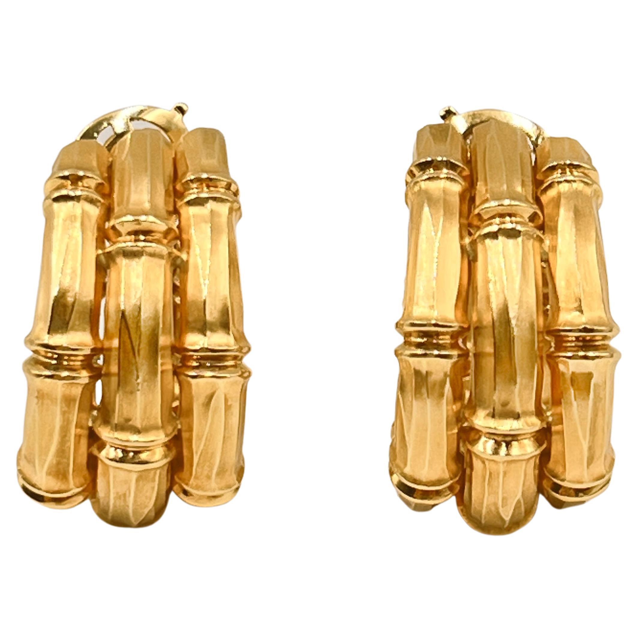 Cartier 18k Gold Bamboo Design Hoop Clip Earrings