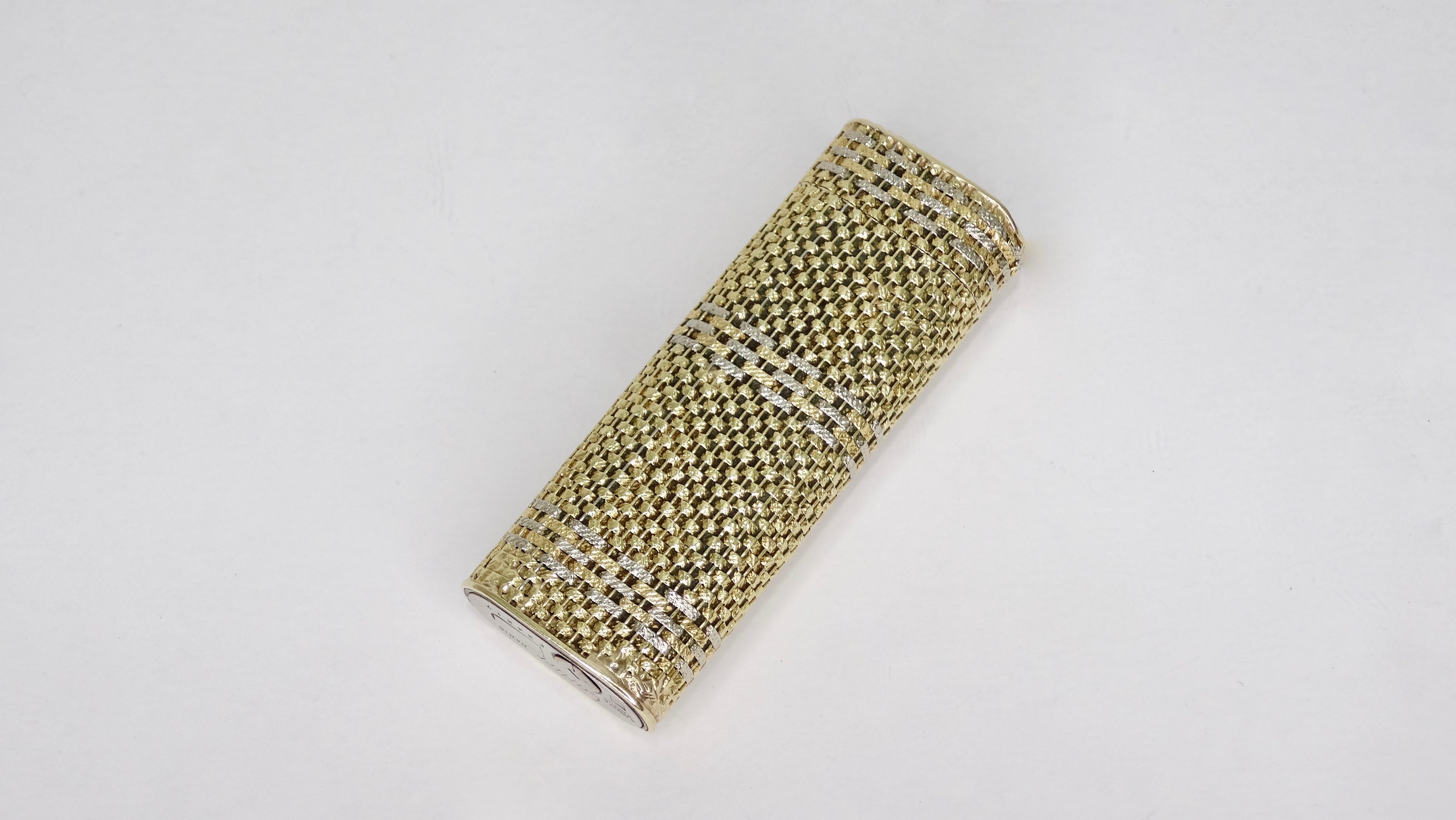 Gorgeous two tone 18k Gold Cartier butane lighter ( in working condition)  with a basket weave pattern. Bottom is stamped Cartier with serial umber F24217. Comes with Cartier leather case. A great lighter to gift or use to smoke those cuban cigars.