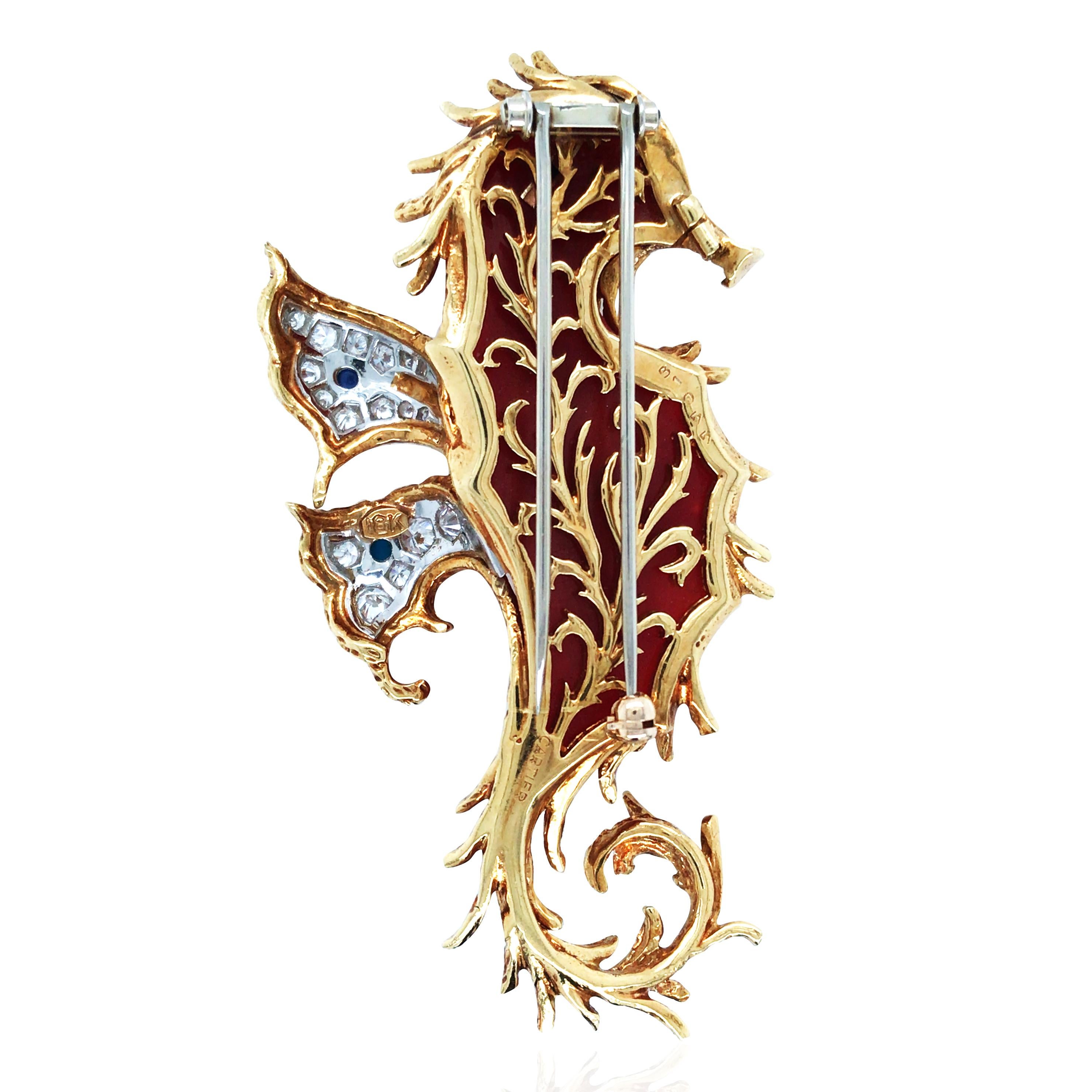 Cartier, 18K Gold Koralle Edelstein Diamant Seepferdchen Brosche im Zustand „Gut“ im Angebot in New York, NY