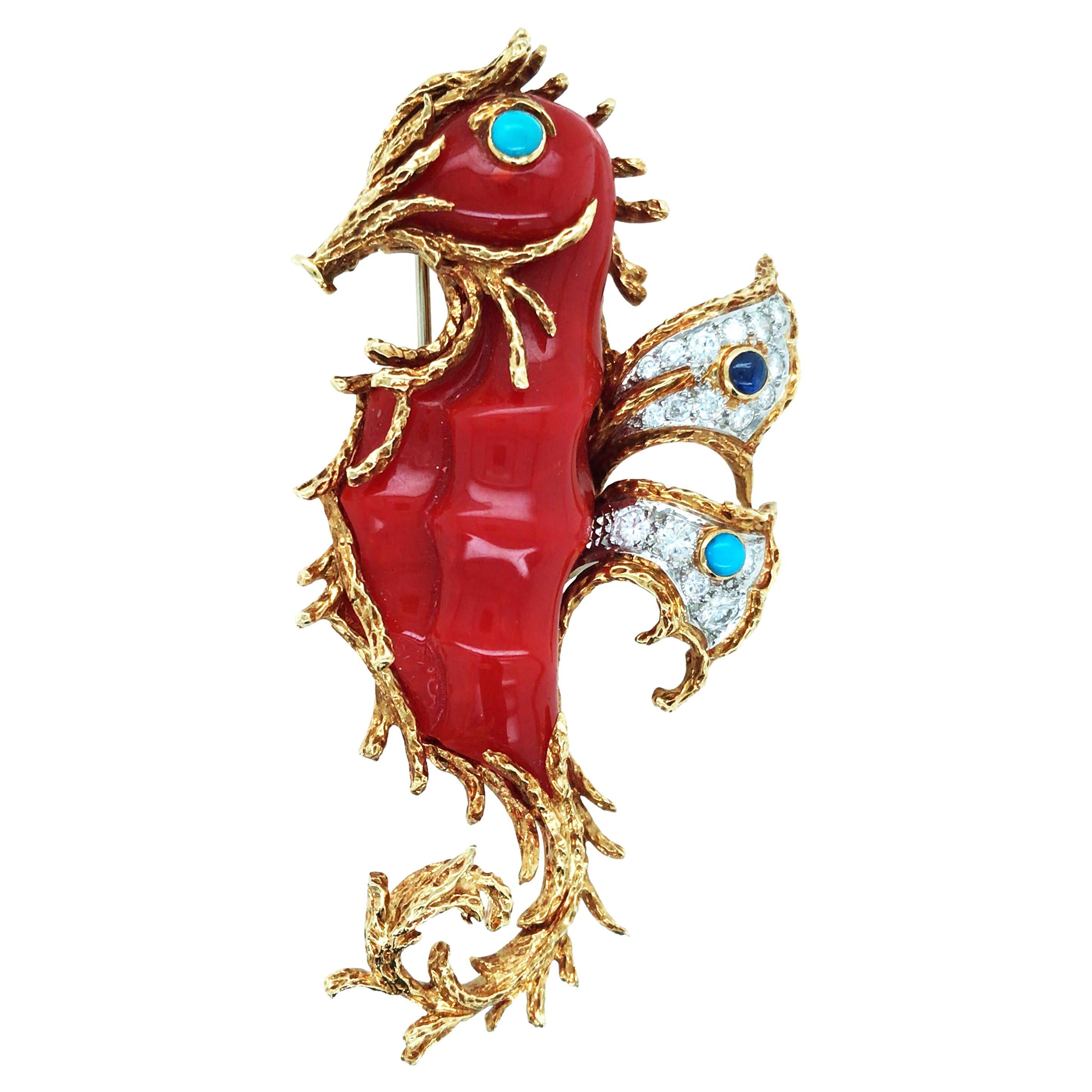 Cartier, Broche caballito de mar de oro de 18 quilates con piedras preciosas de coral y diamantes