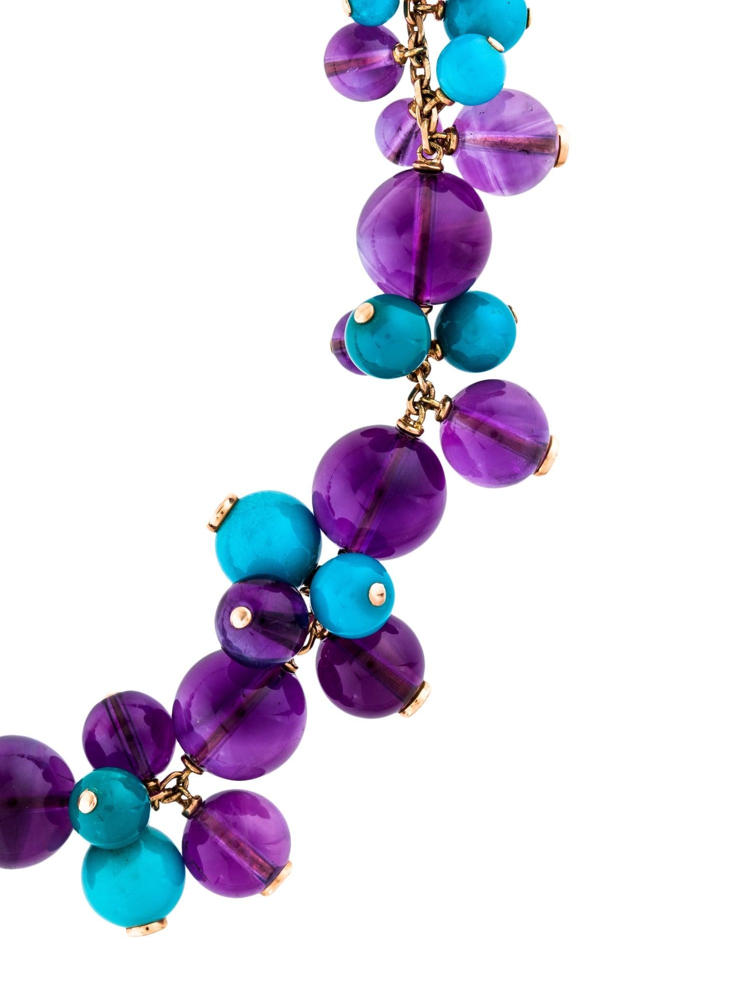 18K yellow gold Cartier Delices de Goa necklace featuring turquoise and amethyst beads throughout with 0.40 carats of round brilliant cut diamond accents and an open box closure.

Metal Type: 18K Yellow Gold
Hallmark: 750, Designer Signature, French