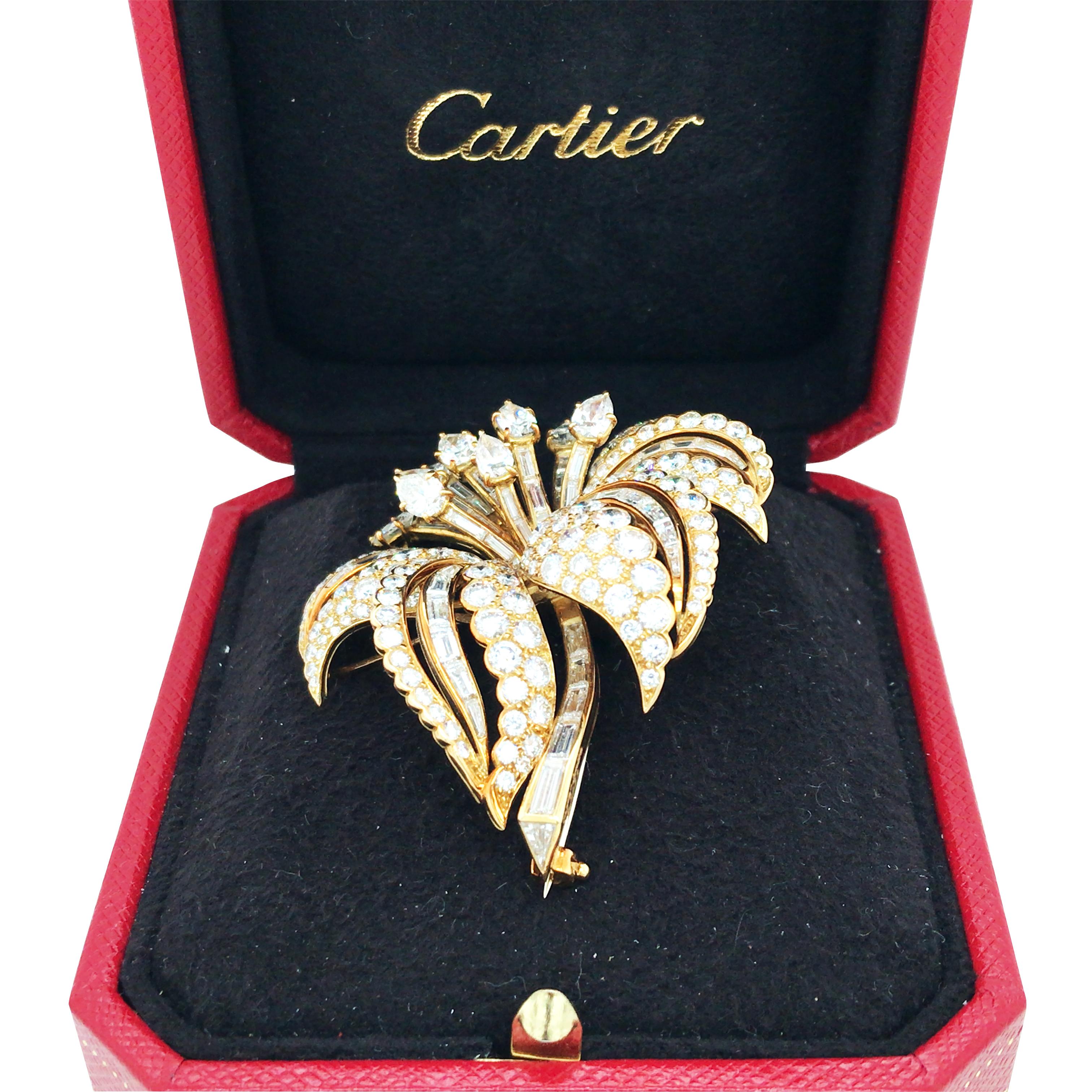 This Cartier brooch consists of 10 pear shape diamonds total approx. 2.5ct, 163 round brilliant-cut diamonds total approx. 6.0ct, 57 tapered and straight baguette -cut diamonds total approx. 3.5ct, and one trillion-cut diamond approx. 0.1ct. All