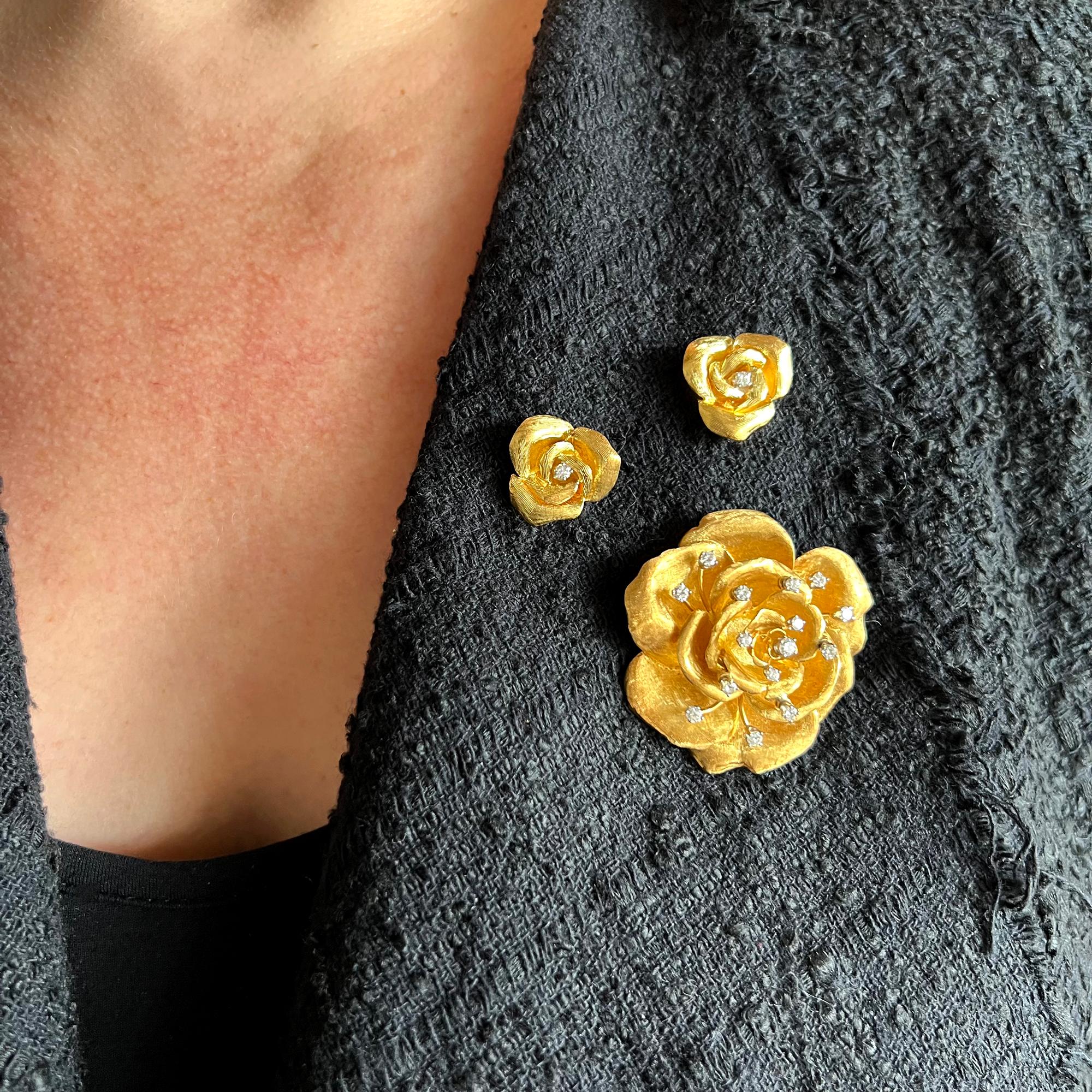 Women's Cartier France 18K Gold Diamond Rose Flowering Brooch and Earrings Set For Sale