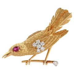 Cartier 18k Gold, Diamond & Ruby Bird Brooch