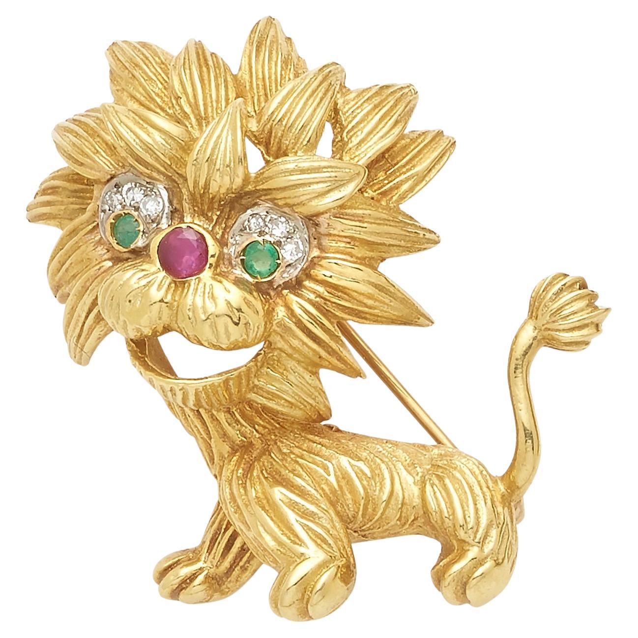 Cartier 18k Gold Emerald, Ruby and Diamond Lion Dragon Brooch Vintage