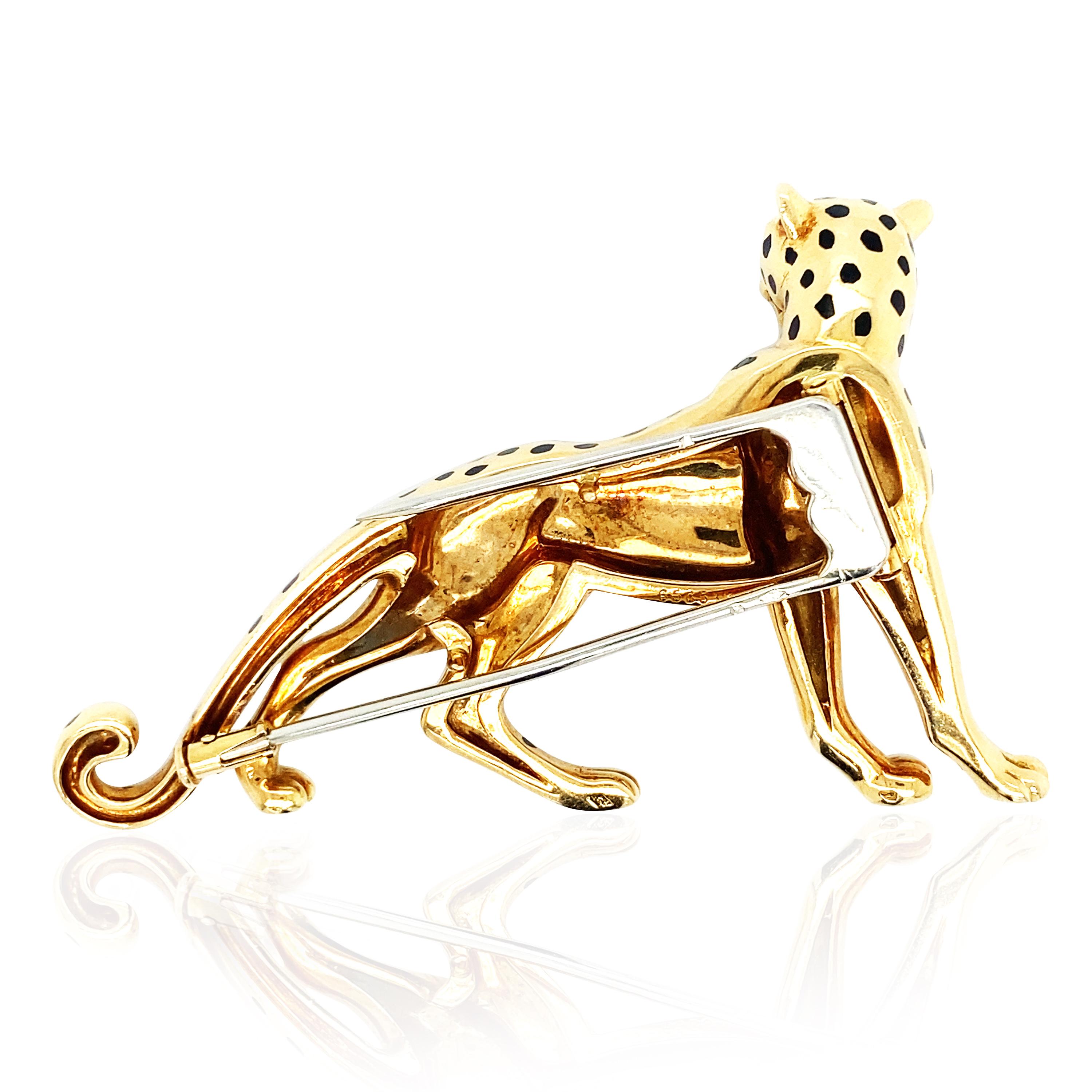 Pear Cut Cartier, 18K Gold Enamel Emerald Panther Brooch