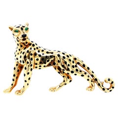 Cartier, 18K Gold Enamel Emerald Panther Brooch