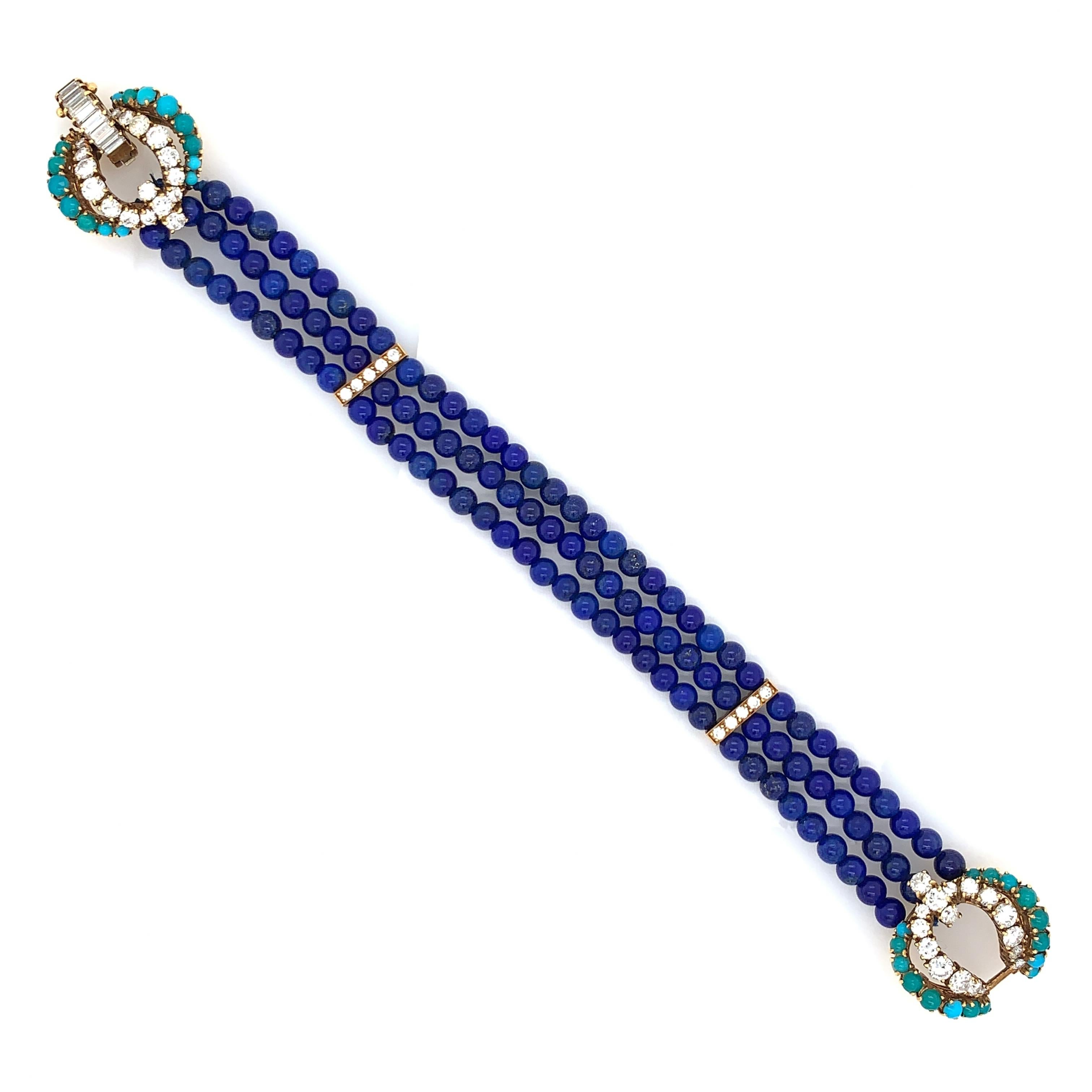 This piece consists of three rows of round lapis lazuli beads measuring approximately 3.80 mm in diameter strung with two yellow gold spacer bars containing 10 round brilliant cut diamonds weighing approximately 0.15 carat total and a yellow gold