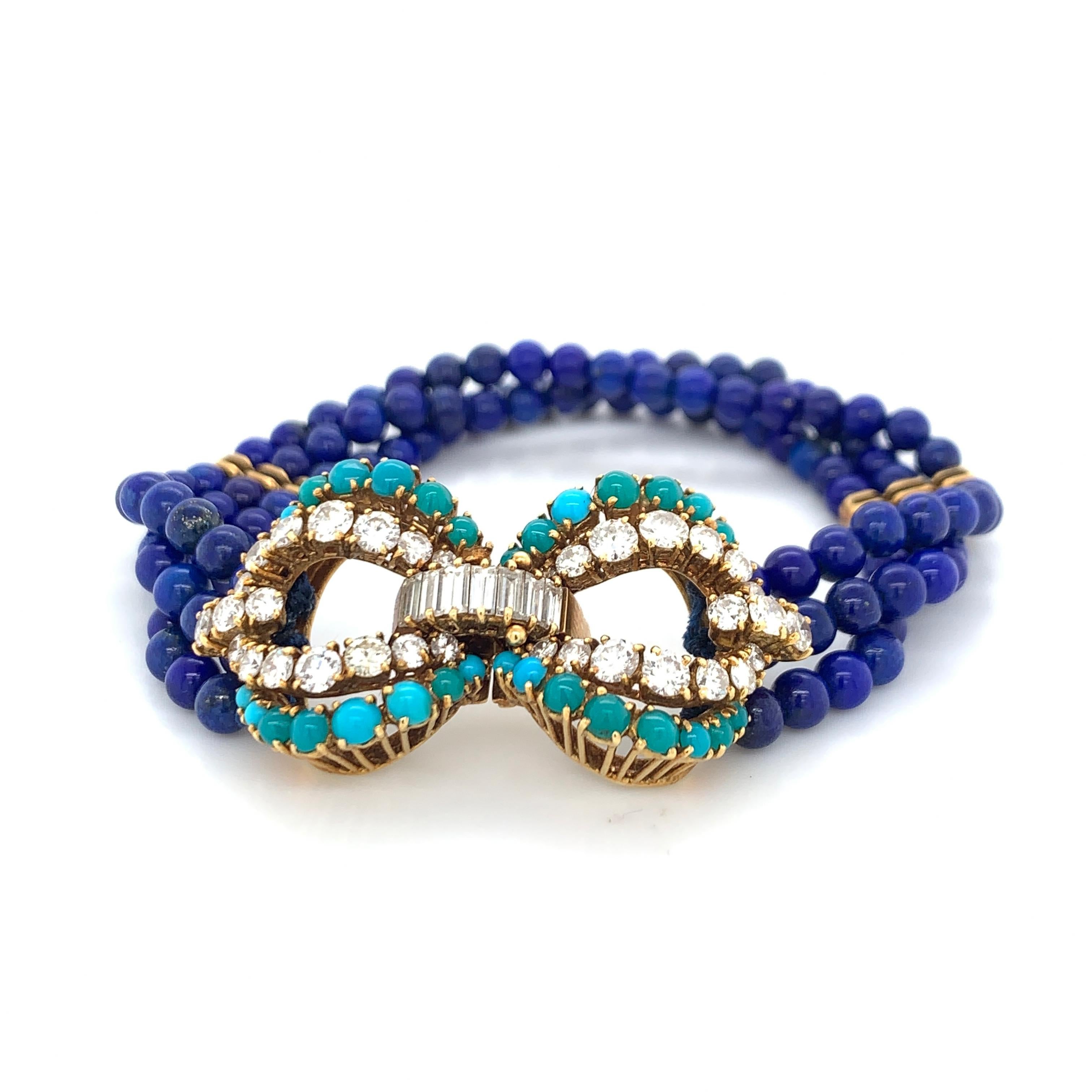 Cartier 18 Karat Gold, Lapis Luzuli, Turquoise and Diamond Multistrand Bracelet In Excellent Condition In New York, NY
