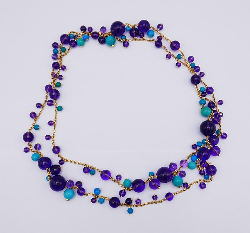 Cartier 18K Gold Les Delices De Goa Amethyst Turquoise and Diamond Necklace In Excellent Condition In New York, NY
