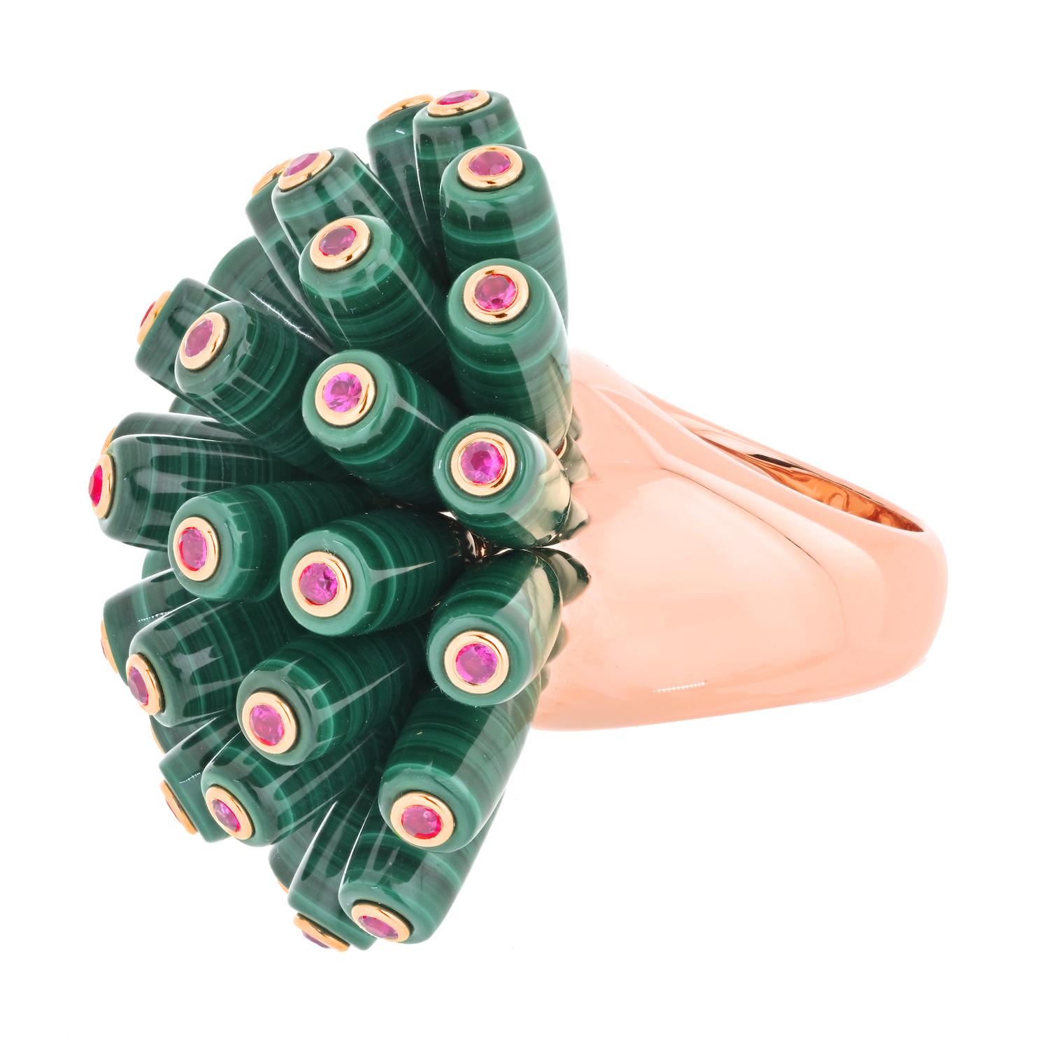 Modern Cartier 18K Gold Nouvelle Vague EU 52 With Malachite And Fire Opals Ring