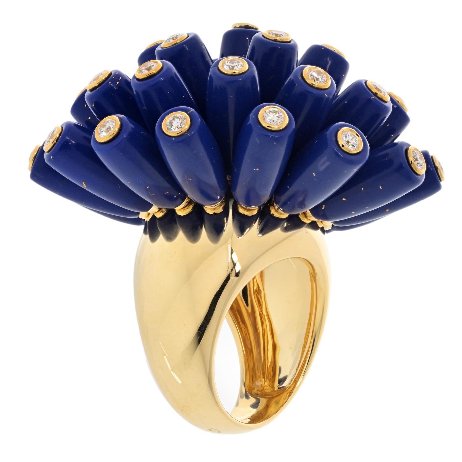 Round Cut Cartier 18K Gold Nouvelle Vague EU 53 Lapis Lazuli And Diamond Ring For Sale