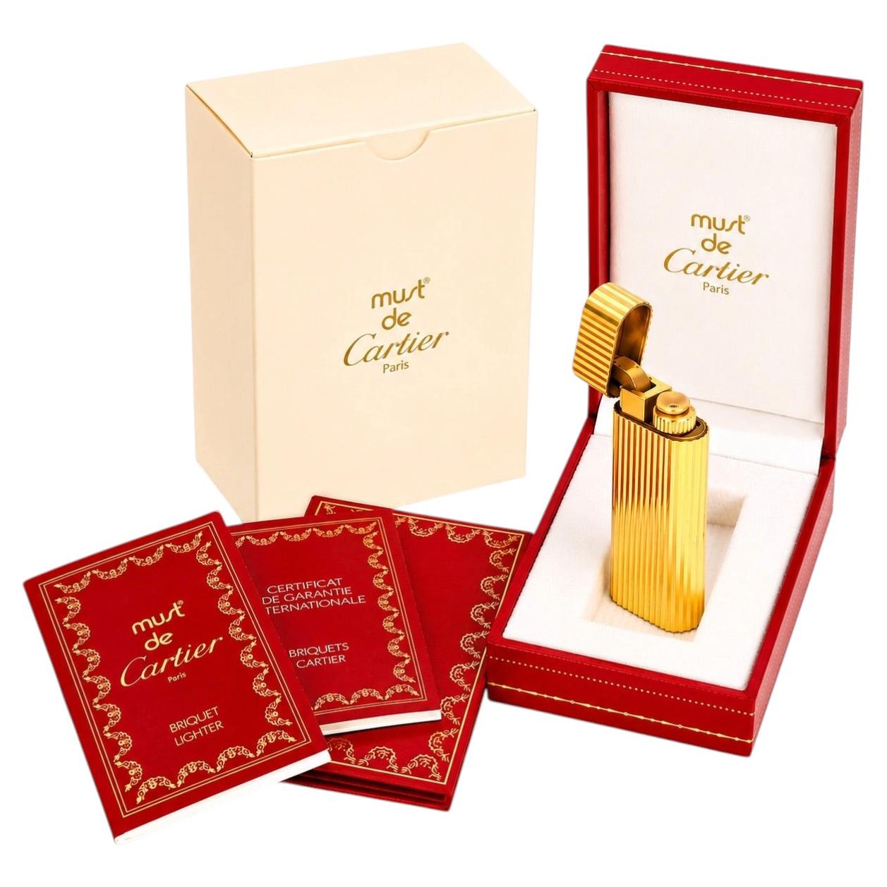Cartier 18k Gold Plated Godron Ribbed Pocket Cigarette Lighter & Cartier Box