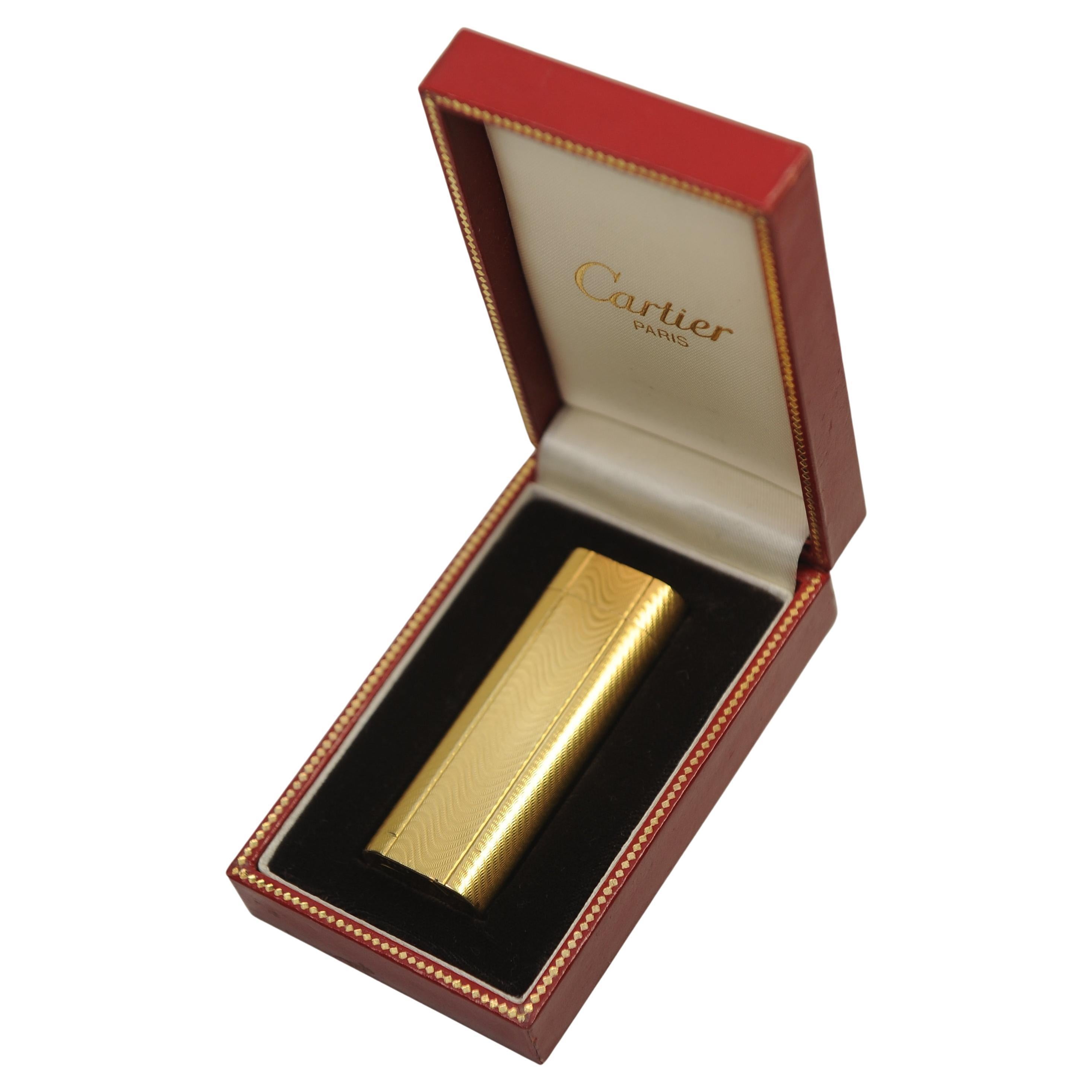 Art Deco Cartier 18k Gold Plated Working Pocket Cigarette Lighter & Cartier Box For Sale