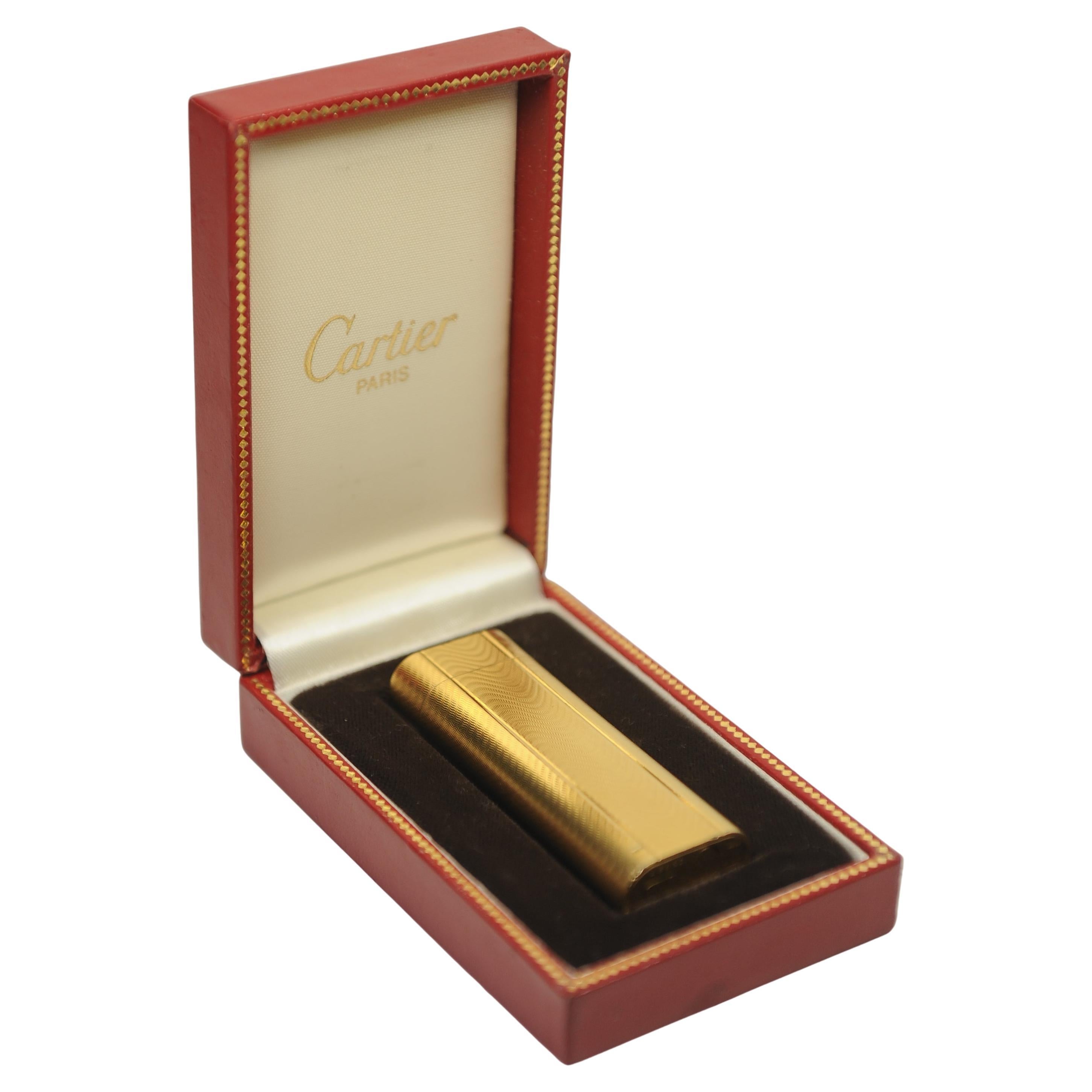 French Cartier 18k Gold Plated Working Pocket Cigarette Lighter & Cartier Box For Sale