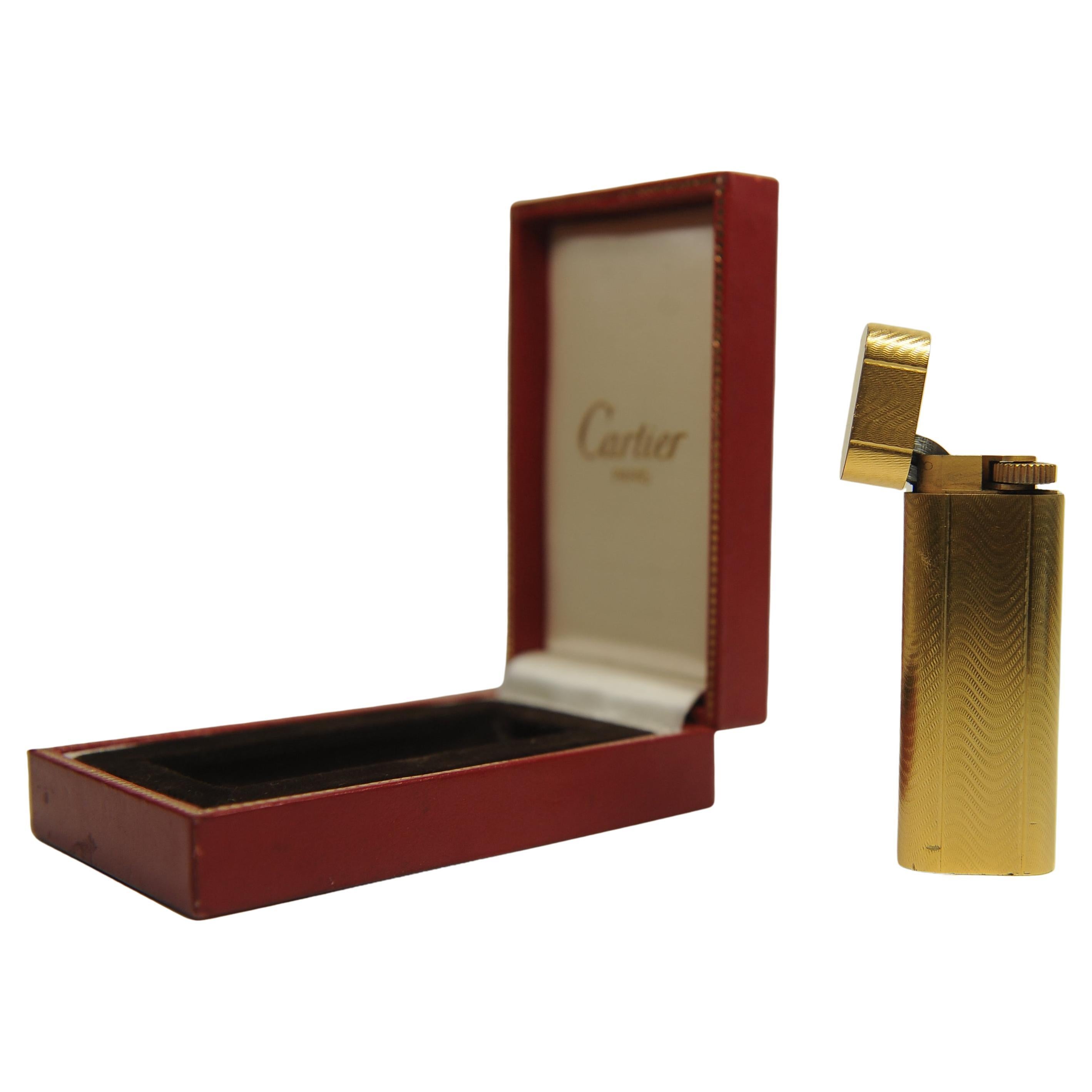 20th Century Cartier 18k Gold Plated Working Pocket Cigarette Lighter & Cartier Box For Sale