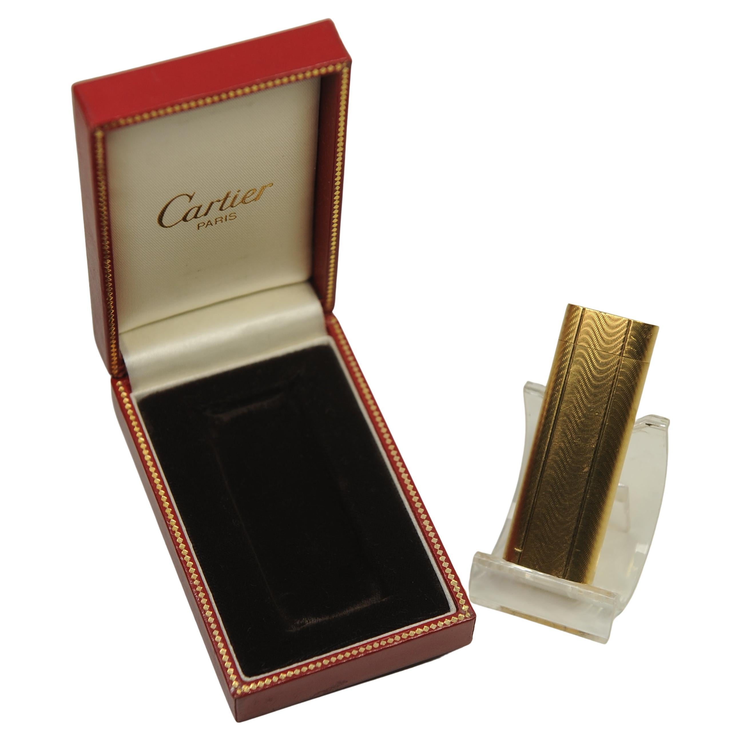 Metal Cartier 18k Gold Plated Working Pocket Cigarette Lighter & Cartier Box For Sale