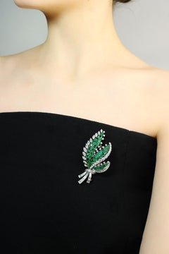 Cartier 18K Gold & Platinum Diamond Emerald Leaf Brooch