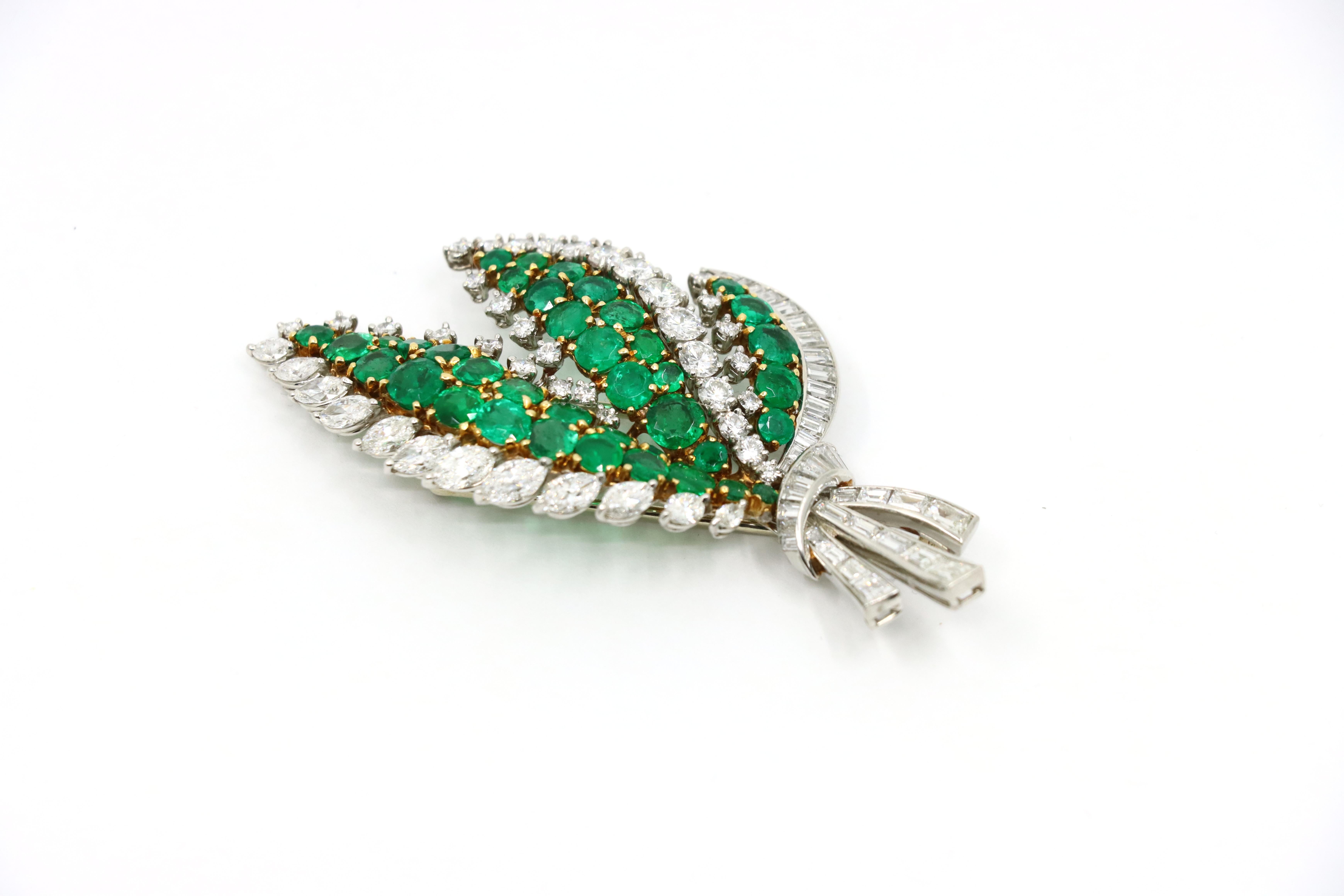 Marquise Cut Cartier 18K Gold & Platinum Diamond Emerald Leaf Brooch For Sale