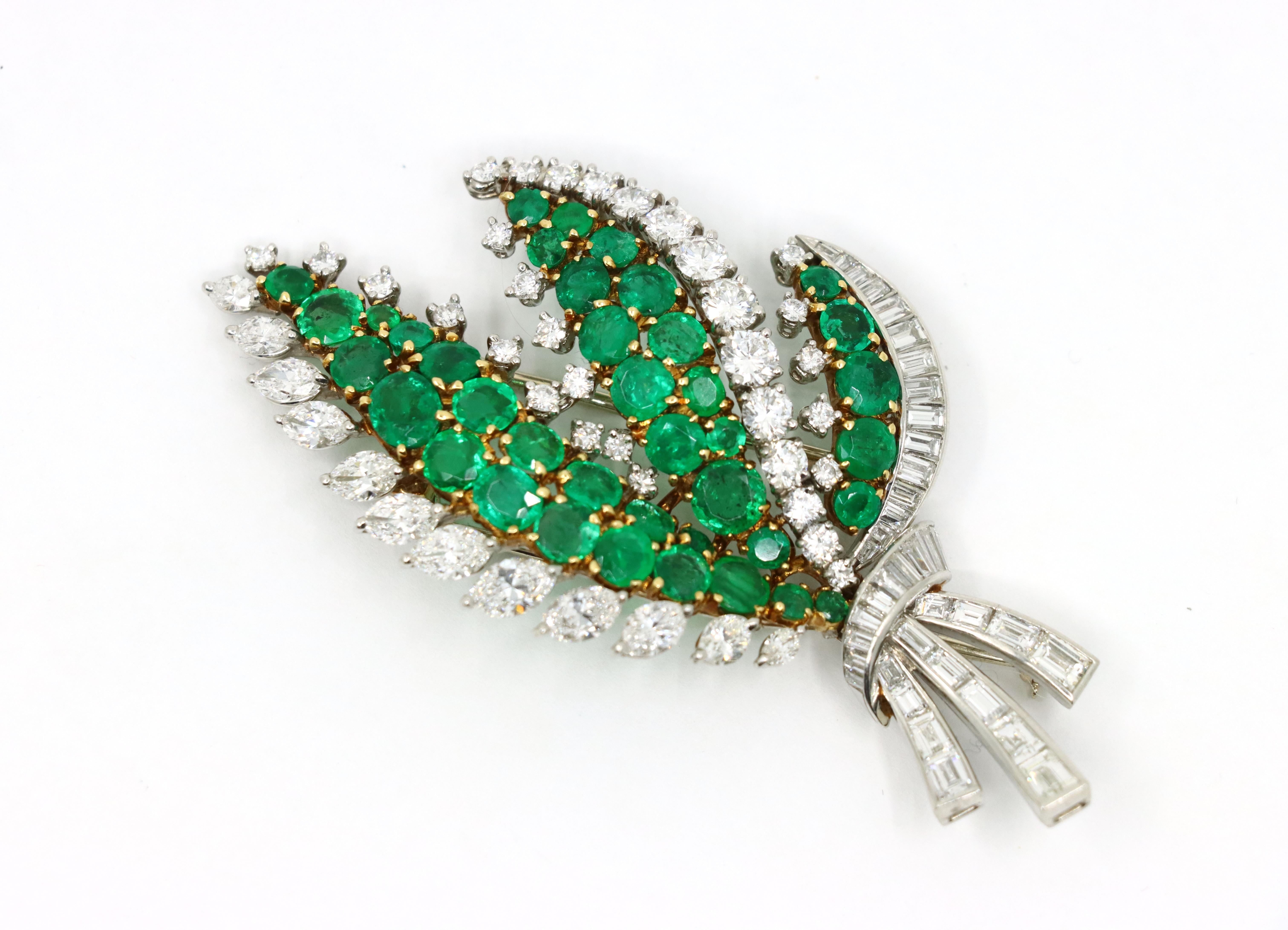Women's Cartier 18K Gold & Platinum Diamond Emerald Leaf Brooch For Sale