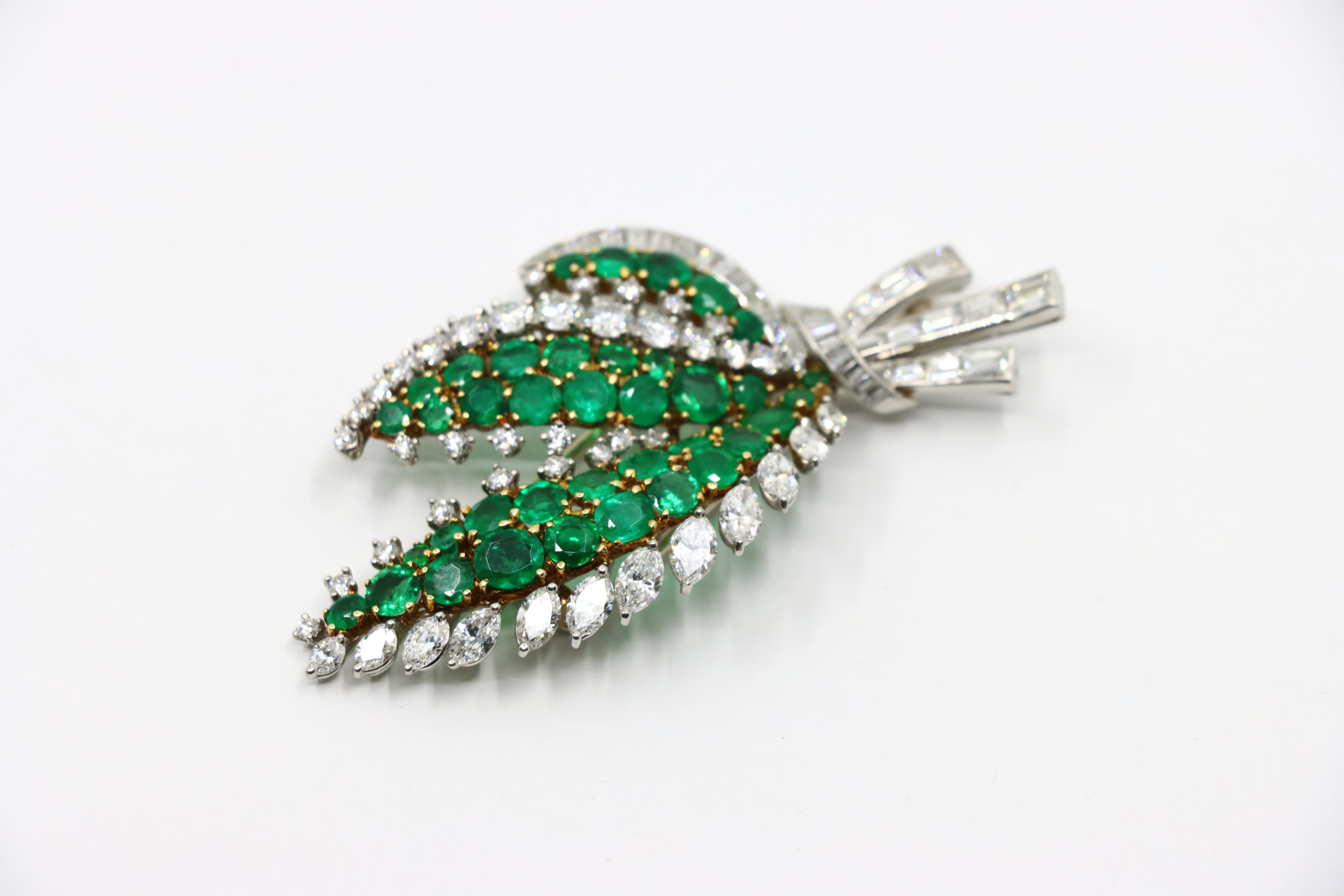 Cartier 18K Gold & Platinum Diamond Emerald Leaf Brooch For Sale 2
