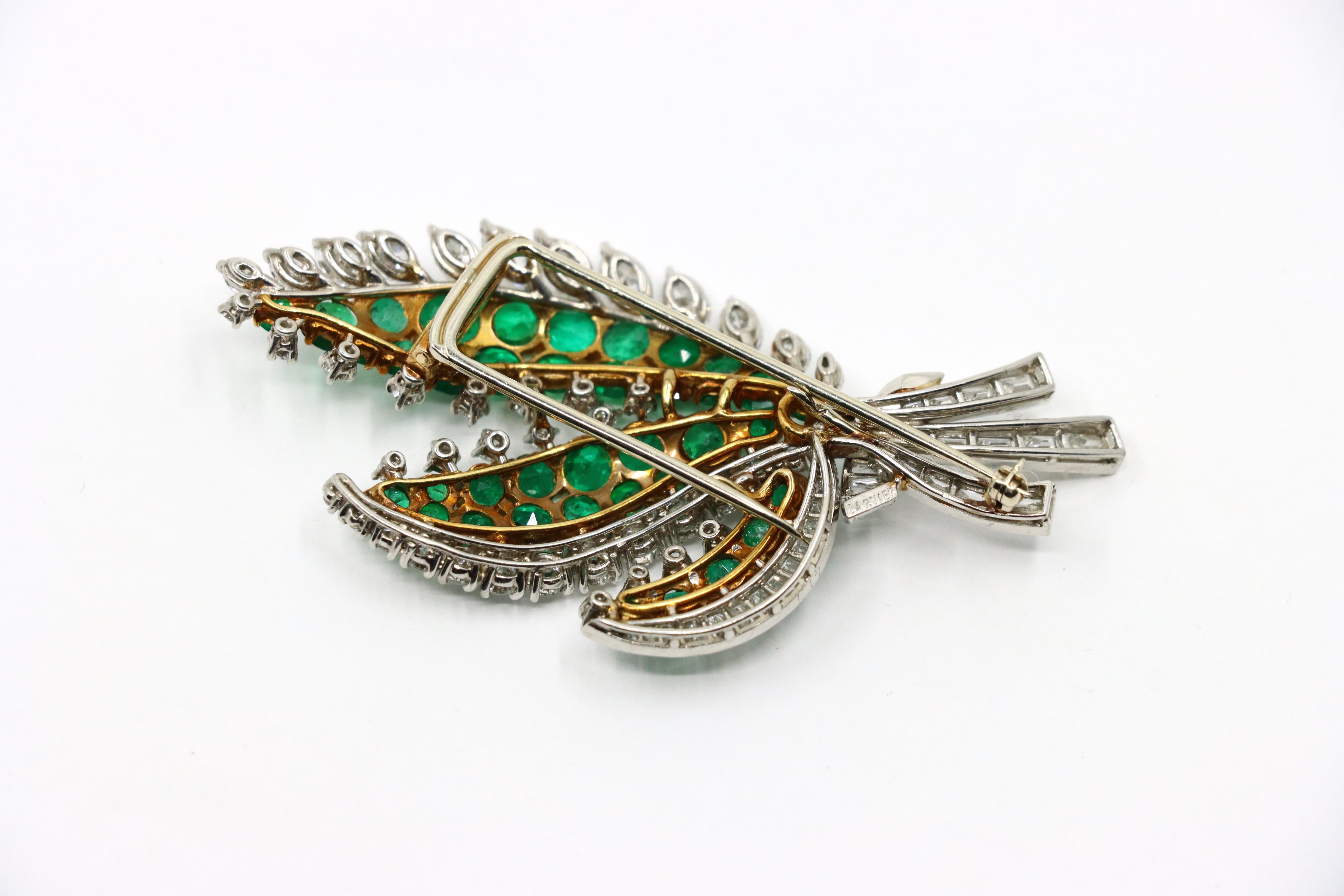 Cartier 18K Gold & Platinum Diamond Emerald Leaf Brooch For Sale 3