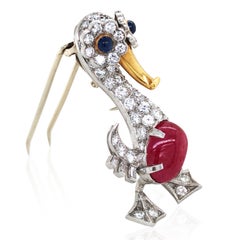 Cartier, 18K Gold Ruby Sapphire Diamond Duck Brooch, GIA, IAJA