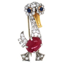 Cartier, 18K Gold Ruby Sapphire Diamond Duck Brooch, GIA