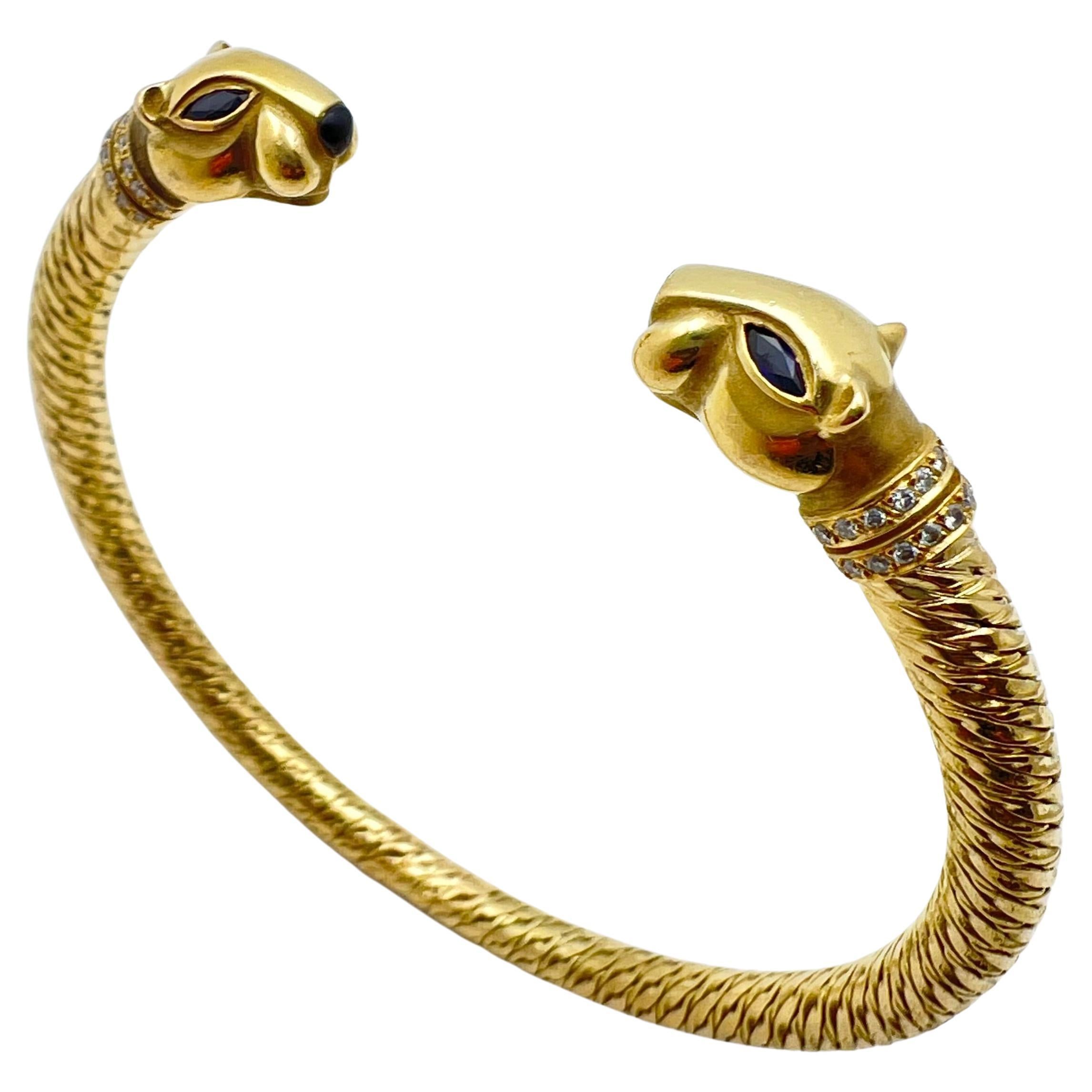 Cartier 18k Gold Sapphire Diamond Panther Cuff Bracelet For Sale