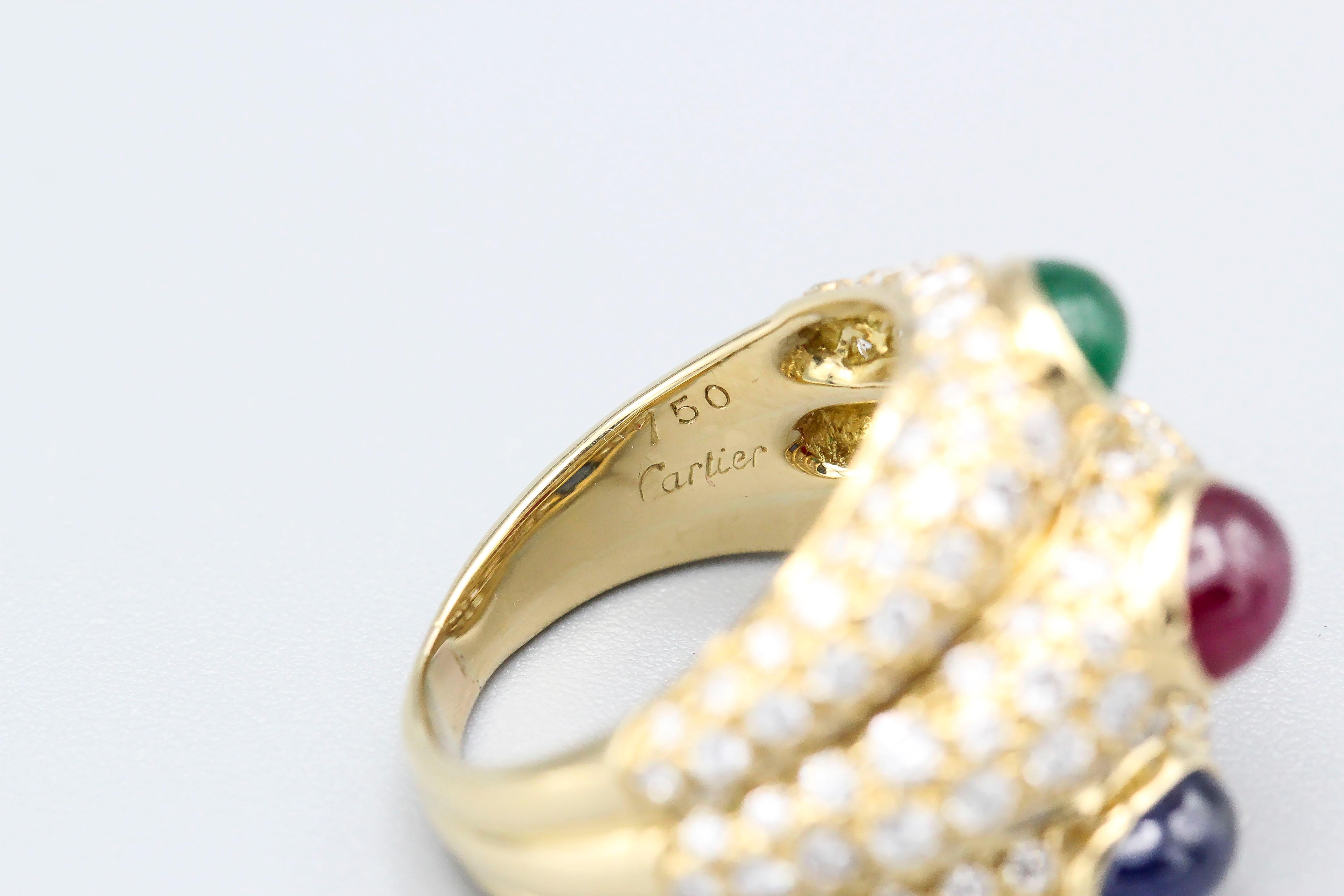 Cartier 18 Karat Gold Sapphire Ruby Emerald Diamond Ring In Good Condition In New York, NY