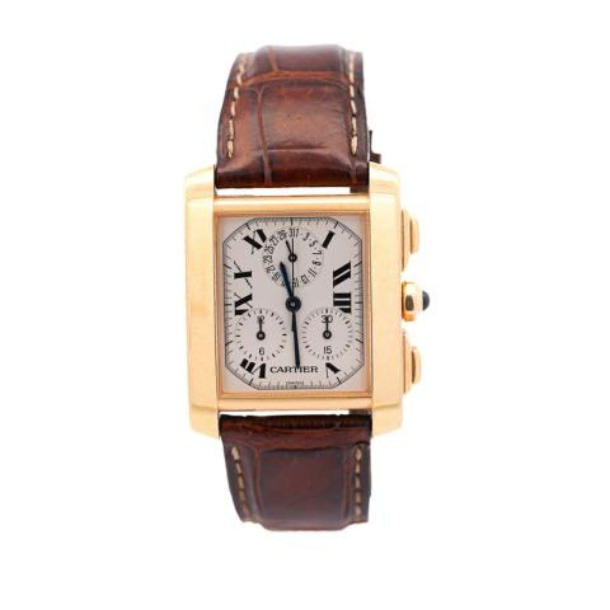 Cartier Tank Francaise Chronograph XL in 18K Gold in Lederband. Quarzwerk mit 28-mm-Gehäuse und 3 Subdails Chronographenfunktion. Hält die Zeit perfekt ein, komplett mit Originalbox und Papieren. 

Marke: Cartier 
Modell: XL Tank Francaise