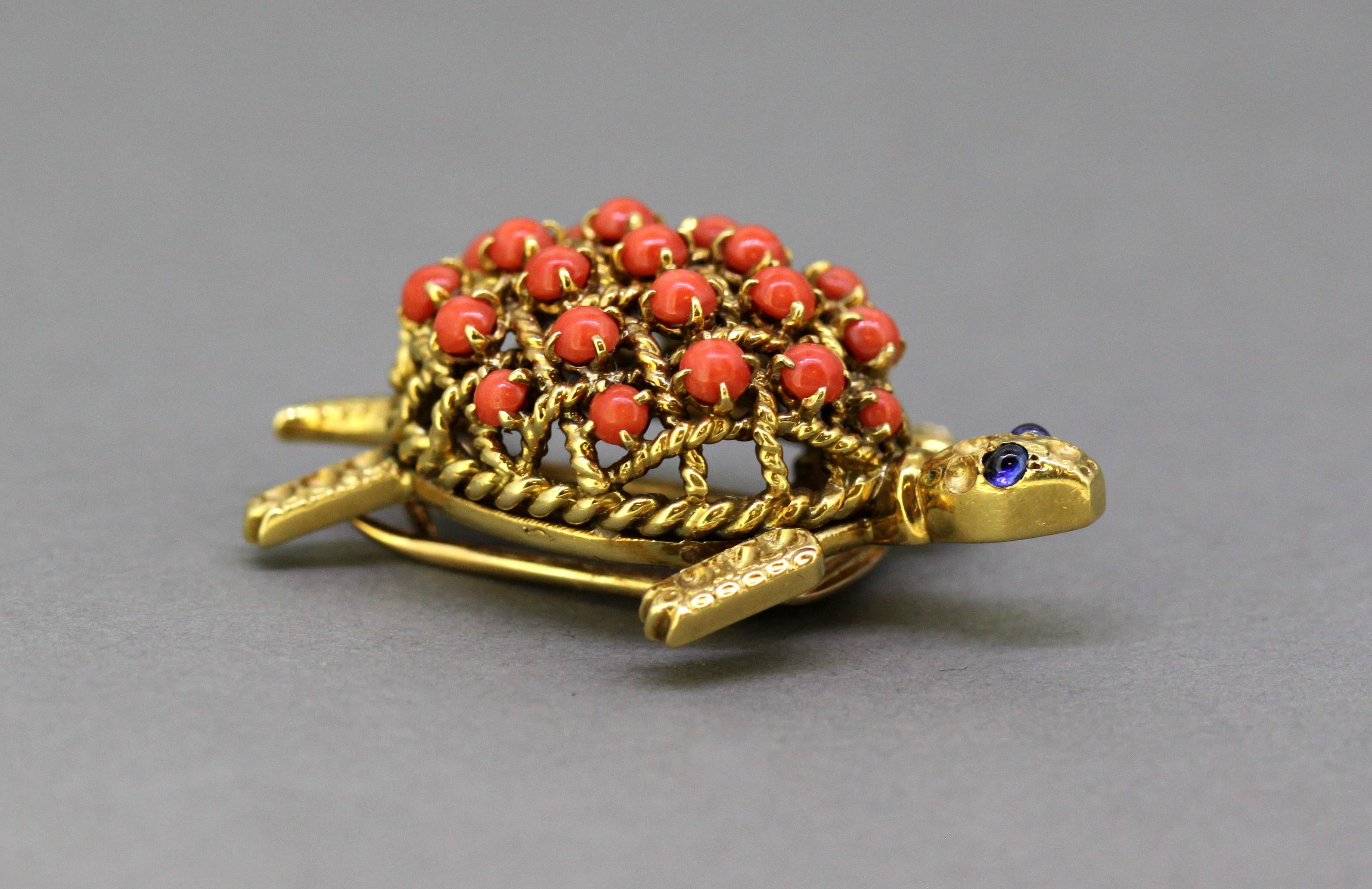 Women's or Men's Cartier, 18 Karat Gold Turtle Brooch with Natural Coral and Blue Sapphires