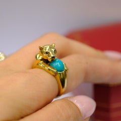 Cartier 18 Karat Gold Vintage Panthere Turquoise Onyx and Emerald Ring