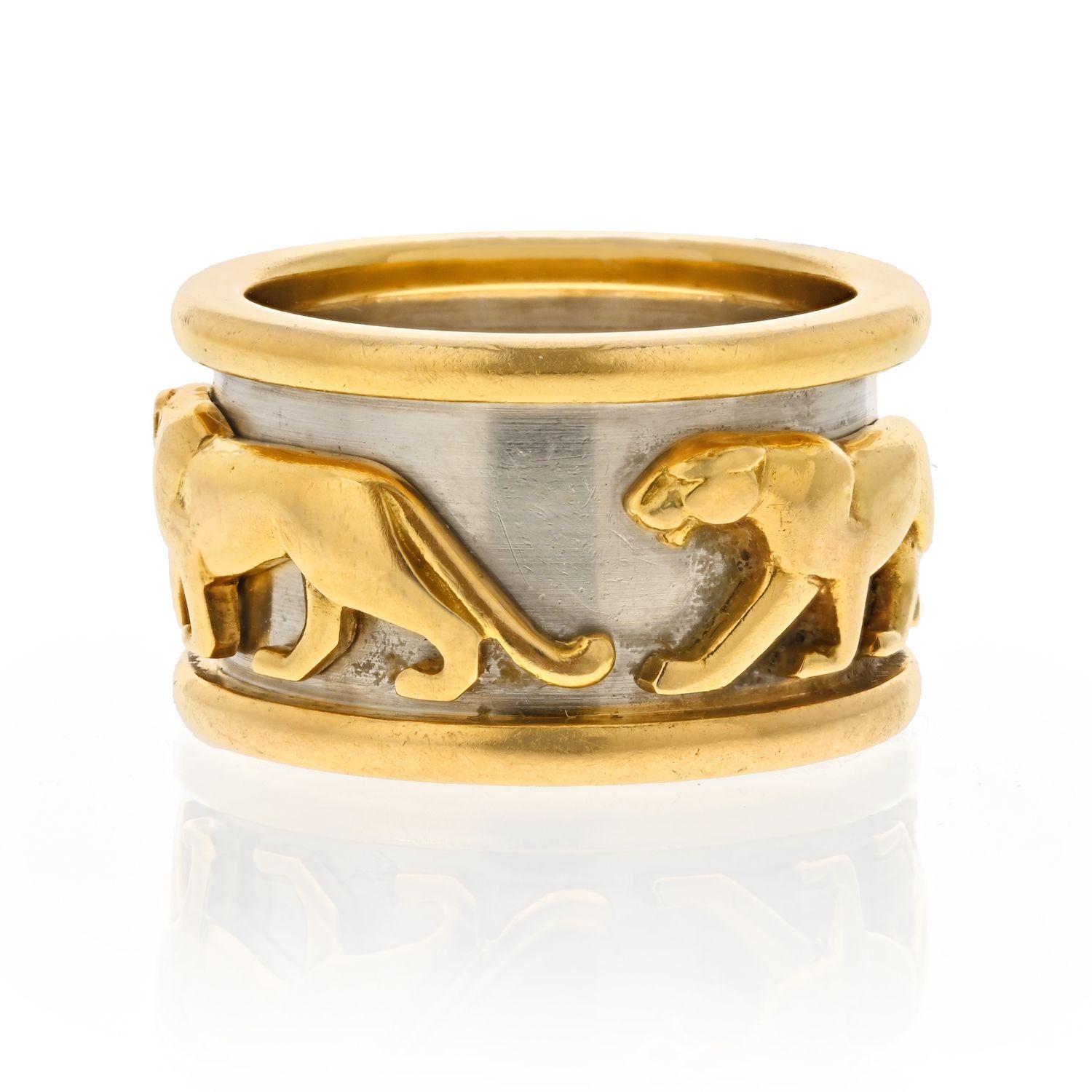 This panther ring from Cartier is a classic, yet feels very current and edgy. Instantly recognizable as Cartier, fully hallmarked and in excellent near mint condition.

WEIGHT: 12 Grams
METAL: 18k Yellow Gold
SIZE: 5
WIDTH OF BAND: 12mm
