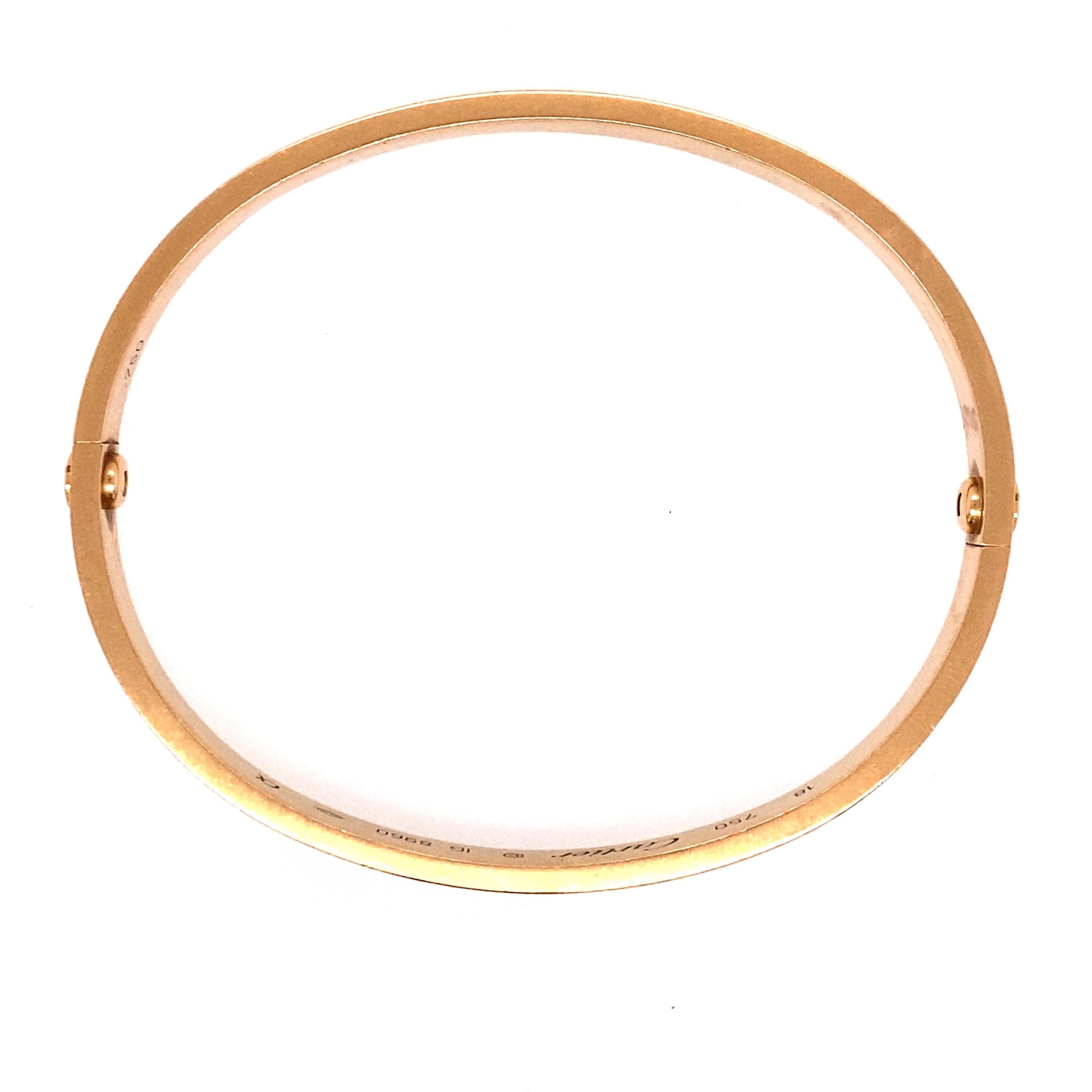 Cartier 18K rose gold Bangle 100% authentic. Width: 6.1mm. 
Comes with a screwdriver, certificate of authenticity and original box 

The iconic LOVE bracelet has been a symbol of free-spirited LOVE since 1969. Its screw motif and famous locking 