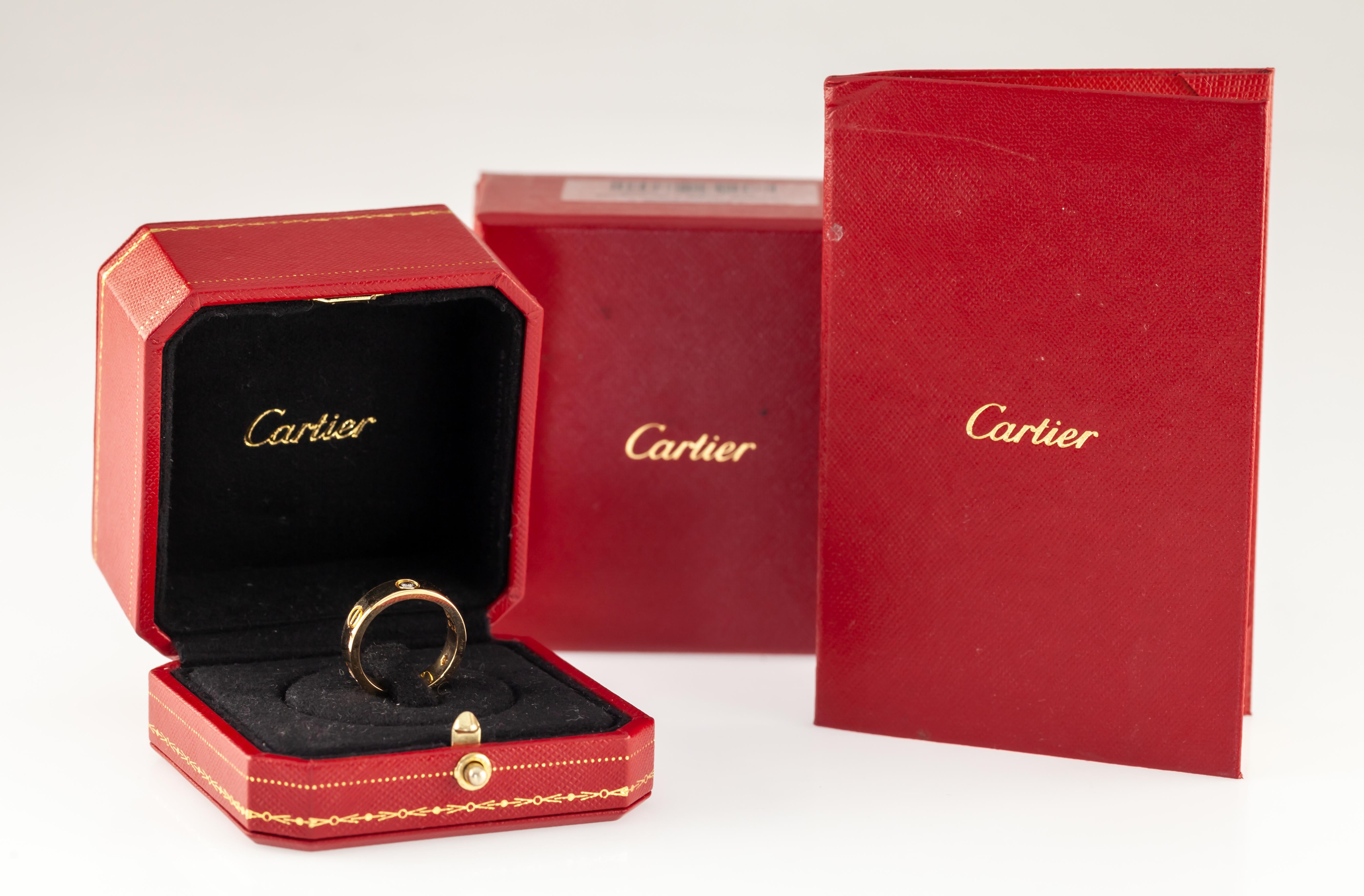 Round Cut Cartier 18k Rose Gold 3-Diamond Love Ring w/ Box and CoA Size 57 For Sale