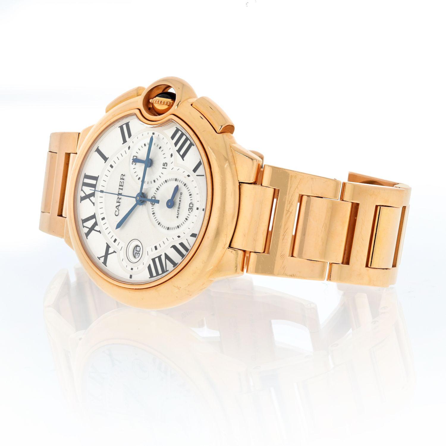 CARTIER BALLON BLEU MEN'S CHRONOGRAPH 44mm WATCH.
- Swiss Made
- Roman Numeral Guilloche Silver Dial
- Chronograph Feature
- 18k Gold Fluted Crown Set With Blue Sapphire Cabochon
- Sword Shaped Blue Hands
- Self-winding Automatic Movement
- Polished