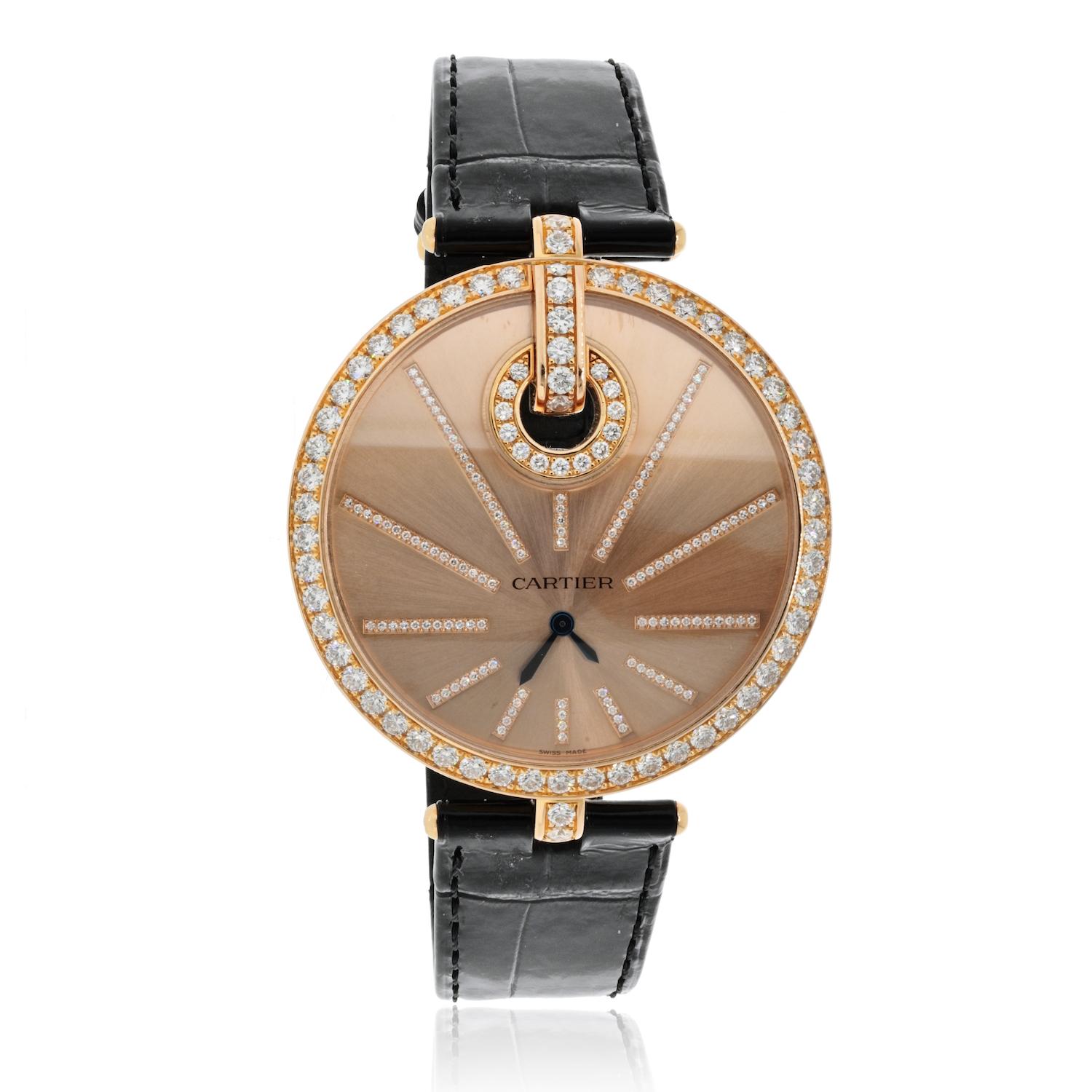 - **Material:** 18K Rose Gold  
- **Diamonds:** Approx. 4.10ctw, VS1-VS2 clarity, E-F color  
- **Strap:** Brown alligator leather with diamond-paved 18K rose gold ardillon buckle  
- **Movement:** Quartz  
- **Crystal:** Scratch-resistant sapphire 